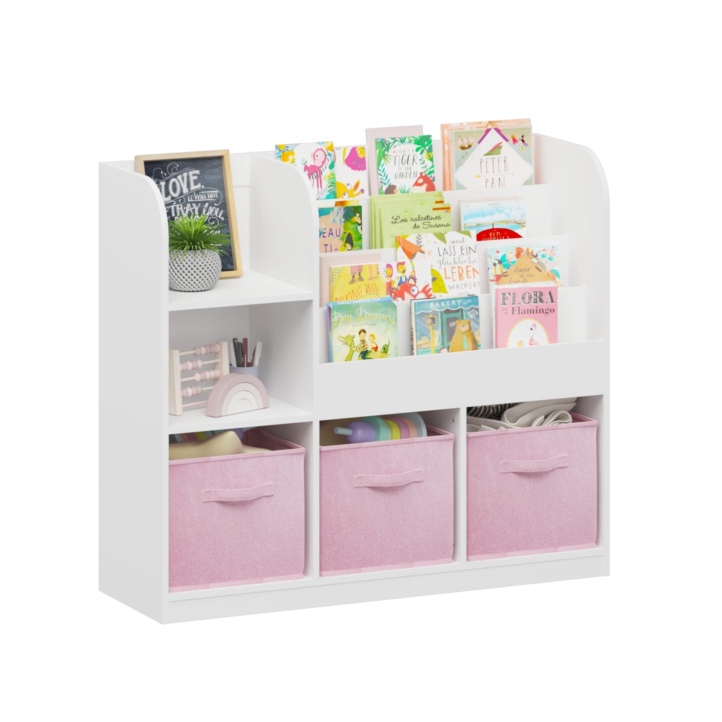 Kids Bookcase with 3 Fabric Drawers - White and Pink