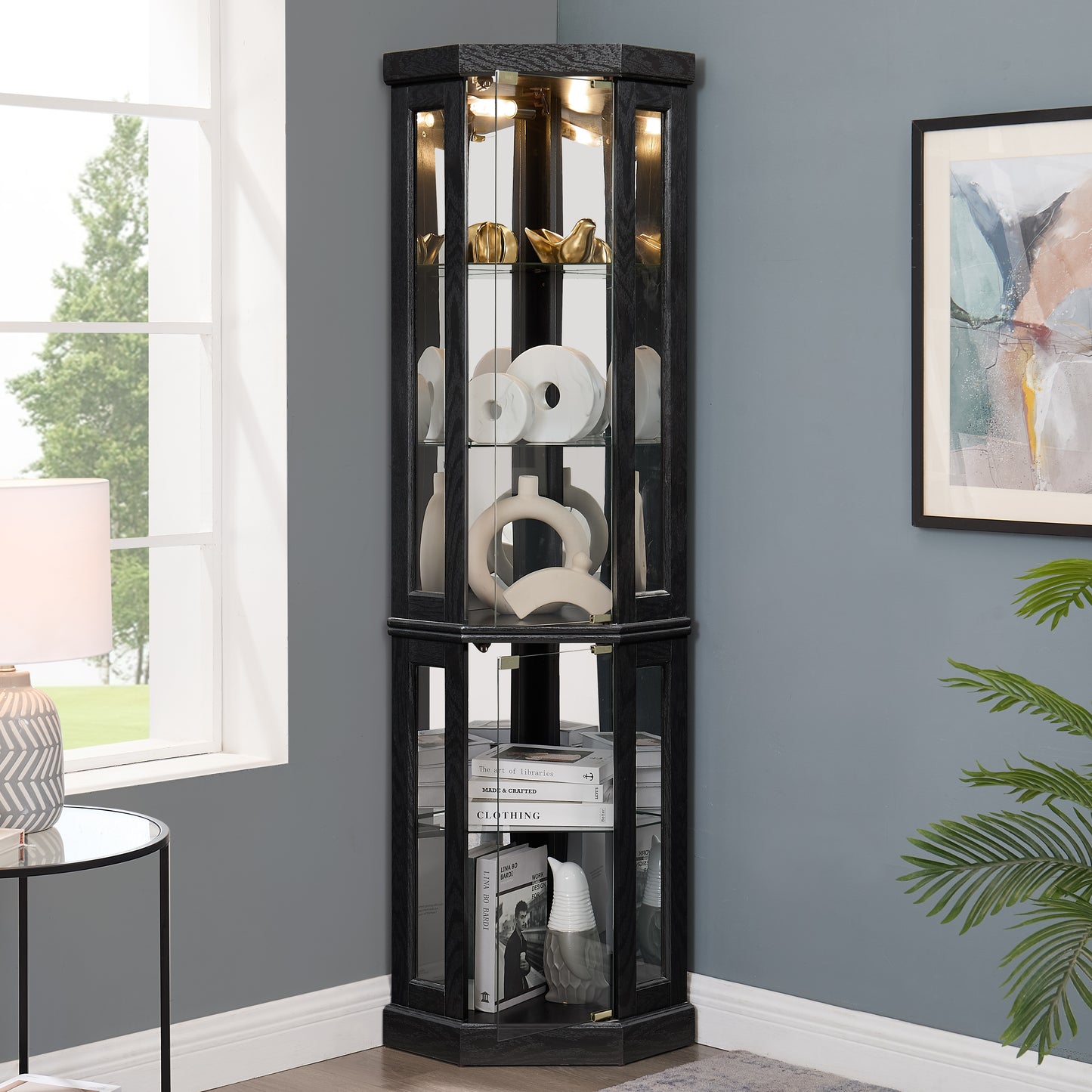 Lighted Corner Curio Cabinet - Display Case For Living Room, Antique