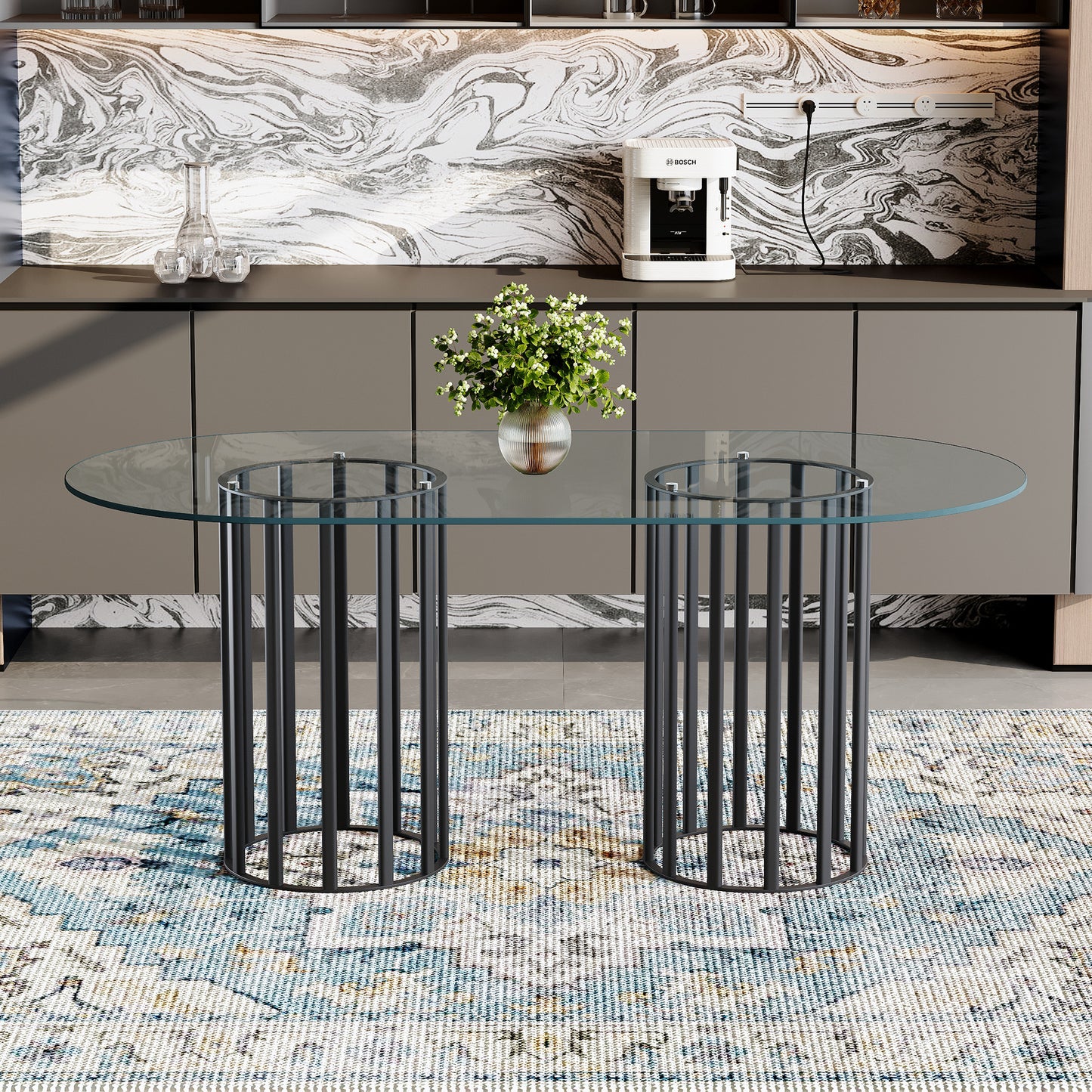 71 Inch Oval Tempered Glass Dining Table,black Double Column Light