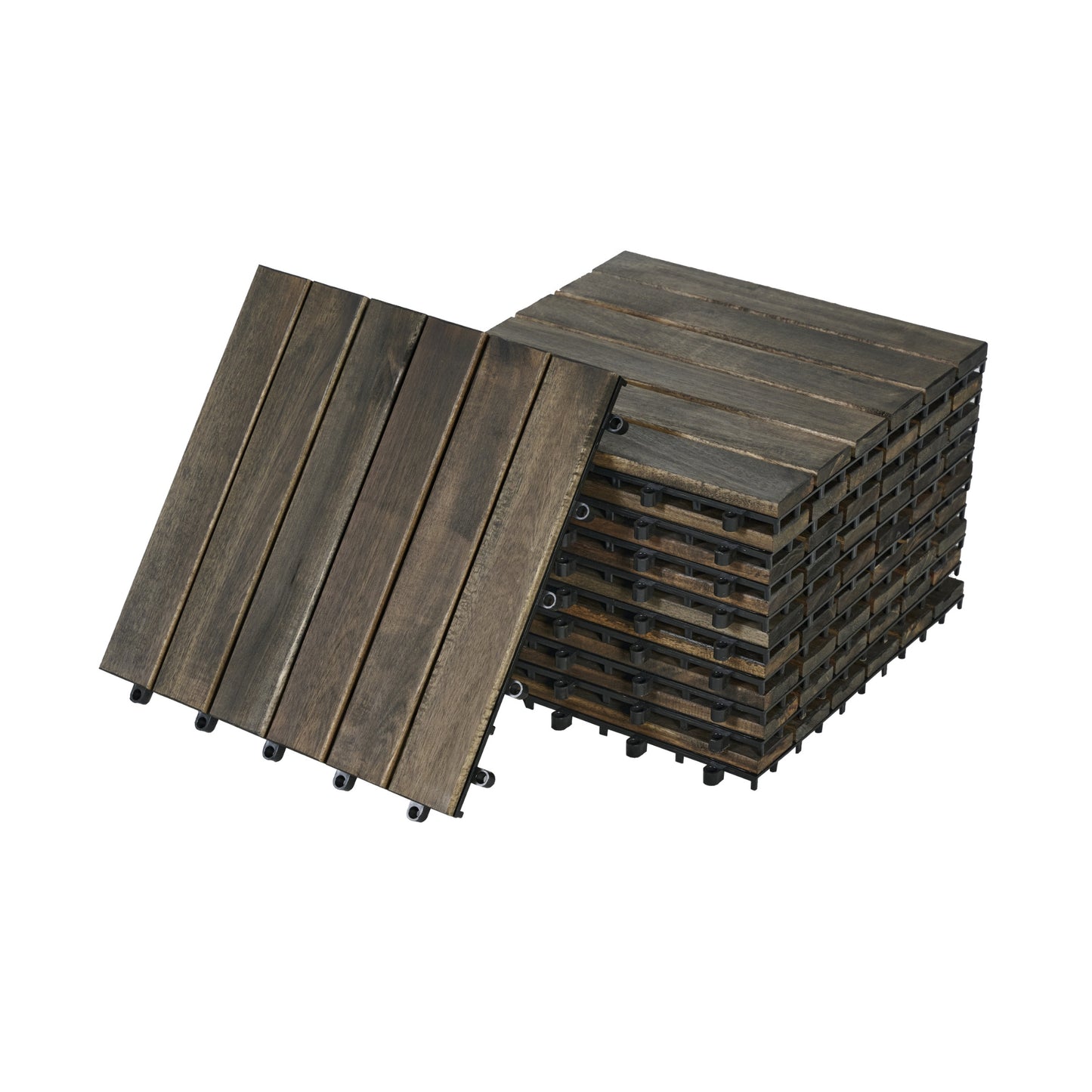 Interlocking Deck Tiles 12x12 Inch Dark Brown Acacia Hardwood Outdoor Flooring - Waterproof & Mold Resistant