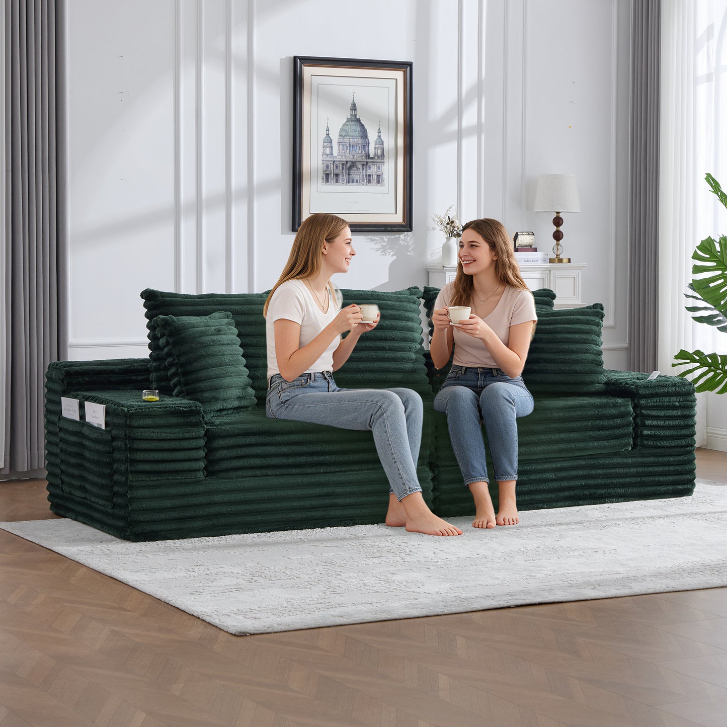 Oversized Corduroy Sofa Bed with Cup Holder & Pillows - Emerald
