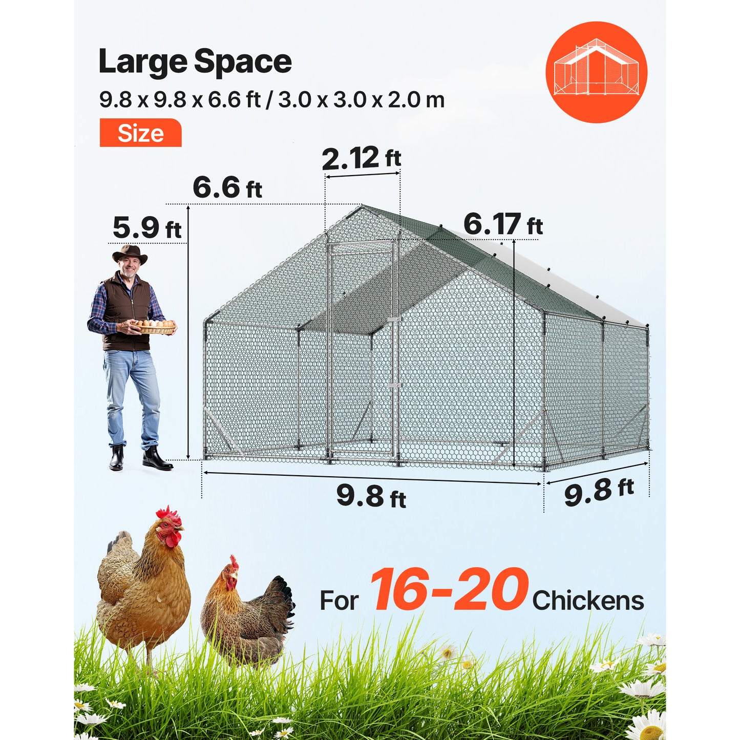 Large Outdoor Metal Chicken Coop with Waterproof Cover and Walk-In Run - 9.8 x 9.8 x 6.6 ft