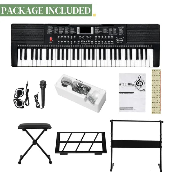 61 Key Electronic Keyboard with Stand, Bench, Speakers & Microphone