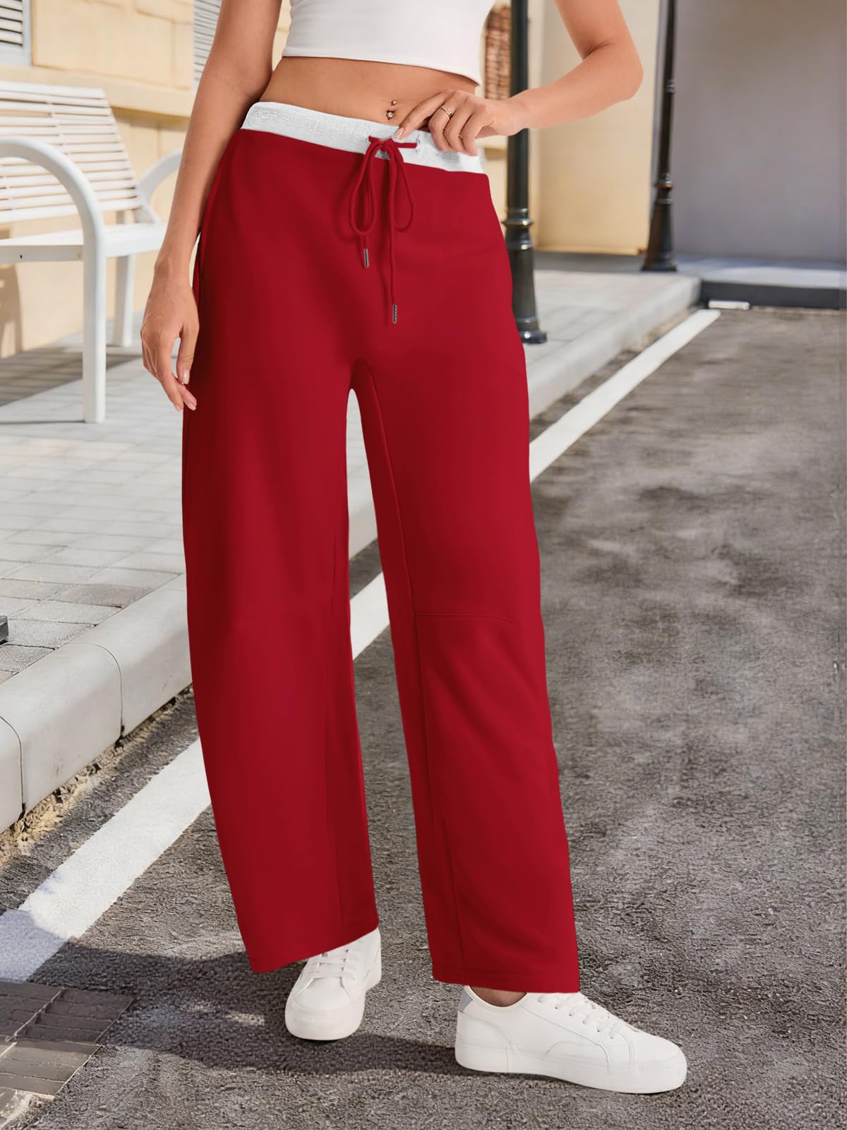 Wide Leg Sweatpants with Drawstring Waist and Pockets - Color Block