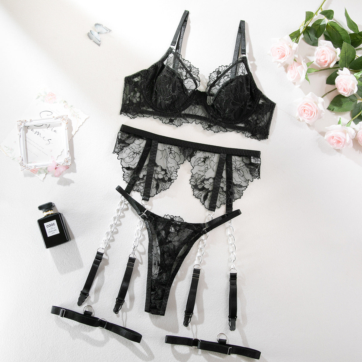 Women's Embroidered See-Through Bra Chain Underwear Set with Garter and Leg Ring