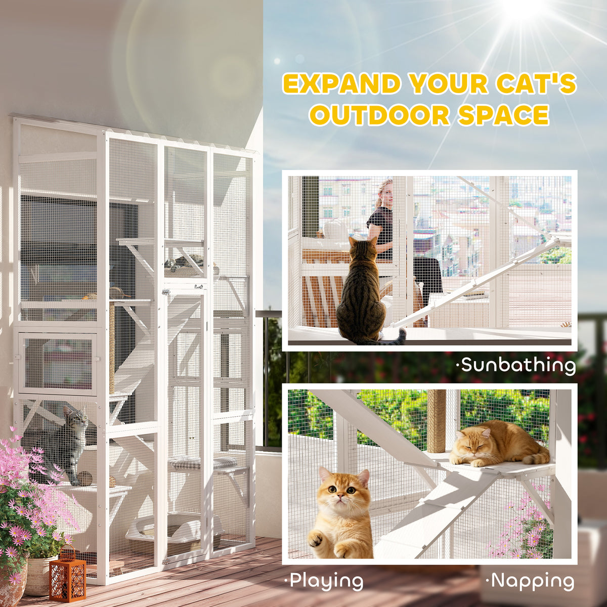 Large Wooden Outdoor Cat Enclosure with Jumping Platforms & Ramps for Cats
