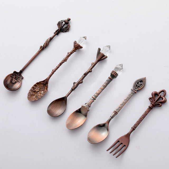 European Copper Fruit Fork Set - Retro Floral Dinnerware, 6 Pieces