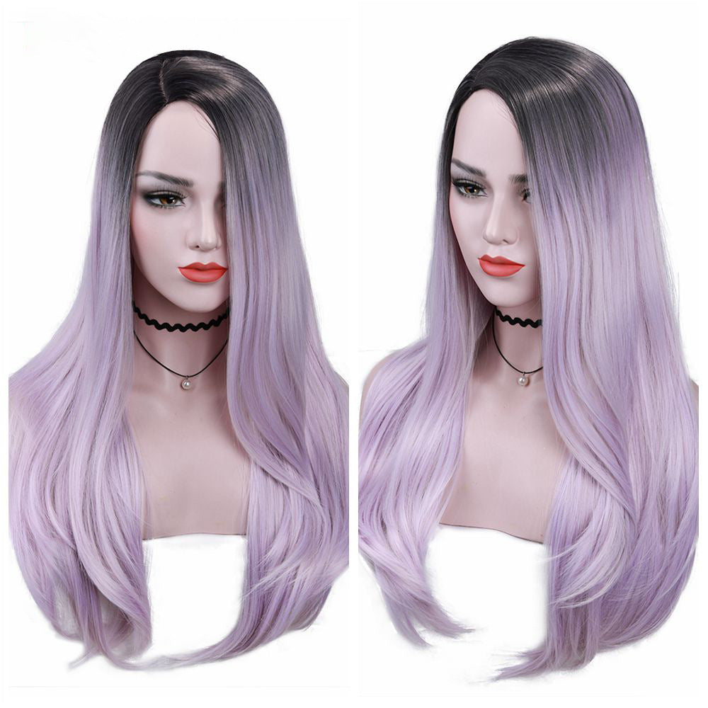 Long Straight Synthetic Wig for Women - Heat Resistant, Black & Light Purple, 26 Inches