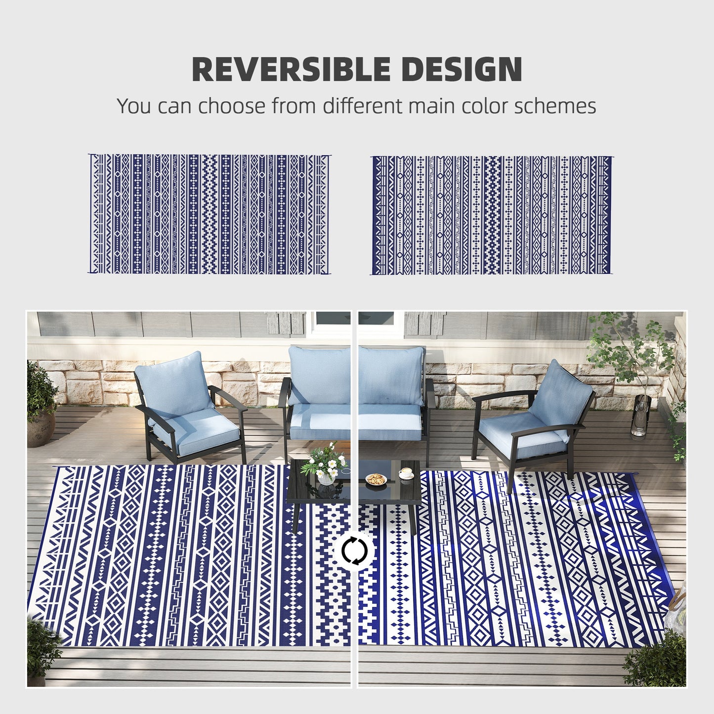 Reversible Outdoor Rug - Waterproof Plastic Straw, 9' x 18', Blue & White Geometric