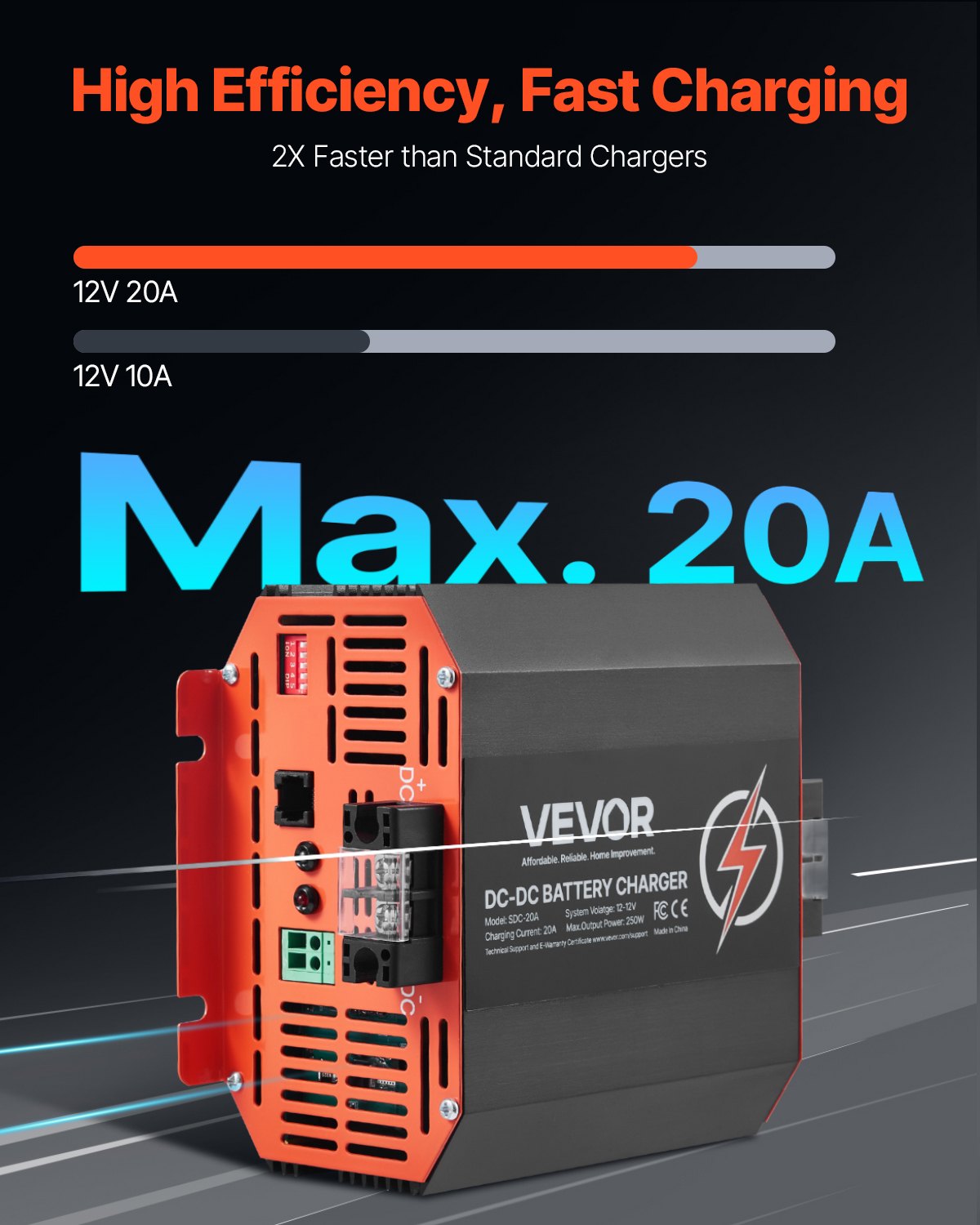 12V 20A DC to DC Battery Charger for Lead-Acid Lithium AGM GEL Vehicles