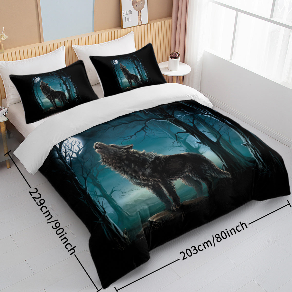Moon Wolf Duvet Cover Set - Watercolor Forest Design, 3 Pieces