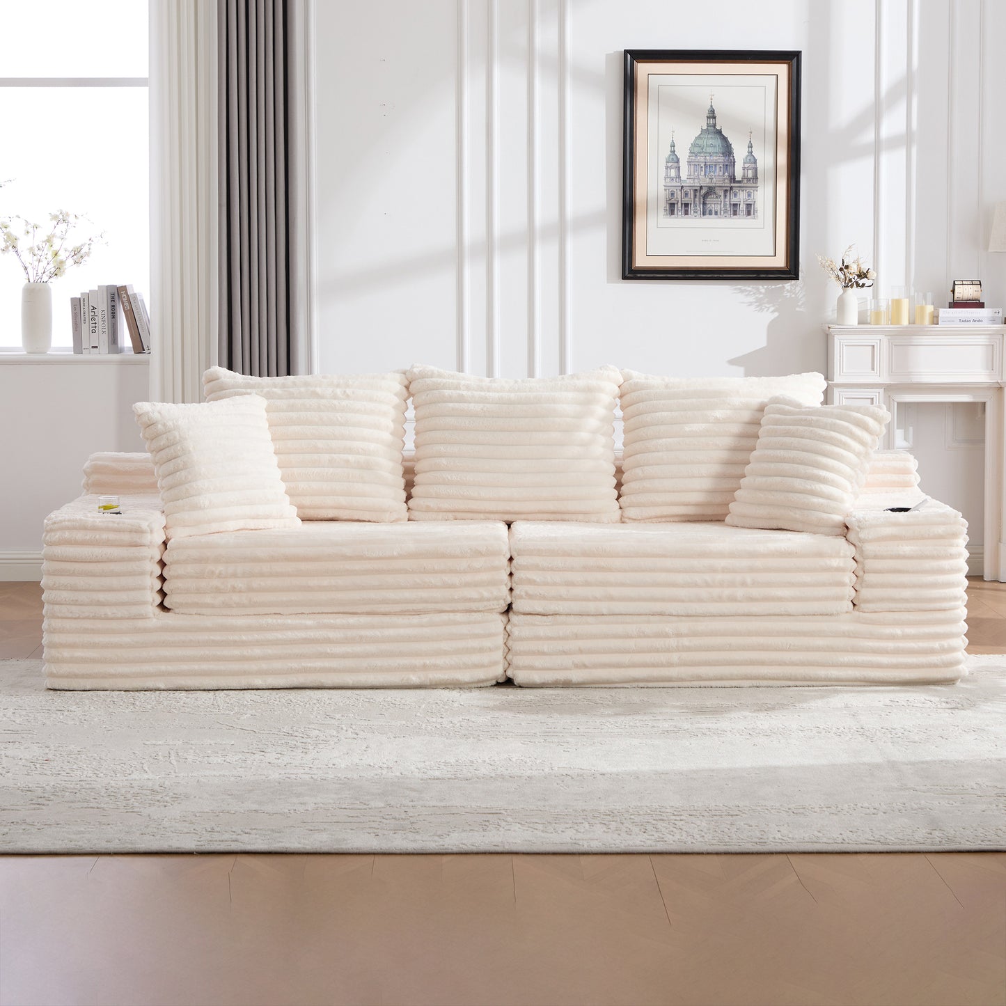 Oversized Corduroy Sofa Bed with Cup Holder & Pillows - Beige