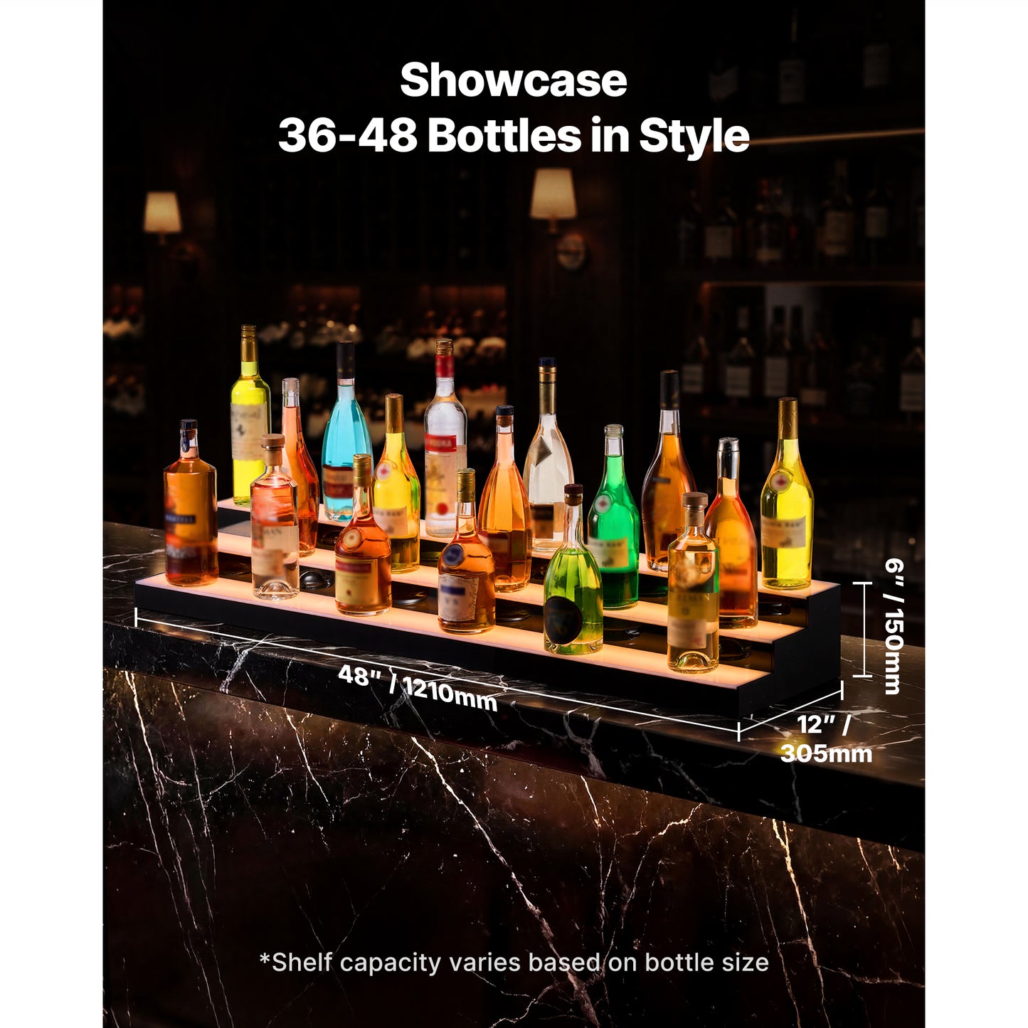 LED Liquor Bottle Display Shelf with Remote & App Control, 3 Tiers, Acrylic Illuminated Home Bar, 48 Inch