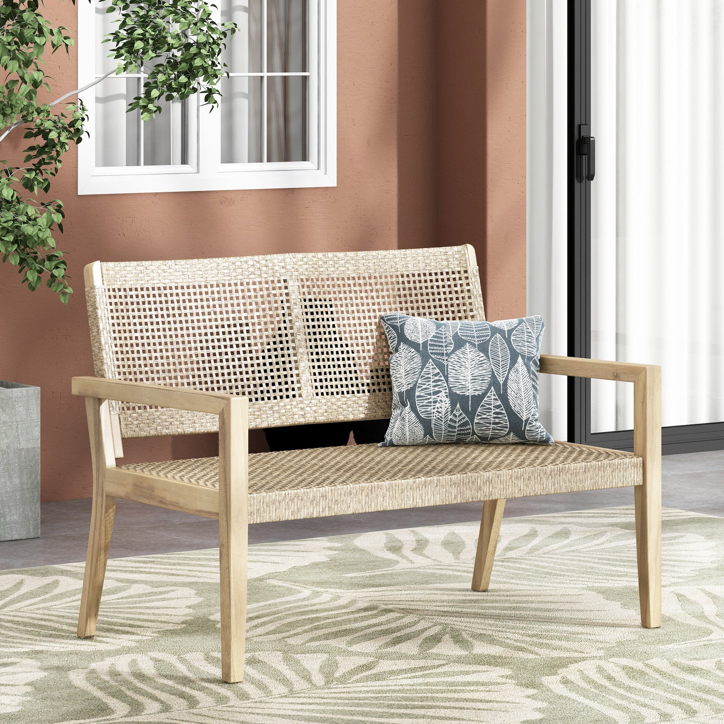 Outdoor Wicker And Acacia Wood Loveseat, Light Multibrown Brown, 34 H
