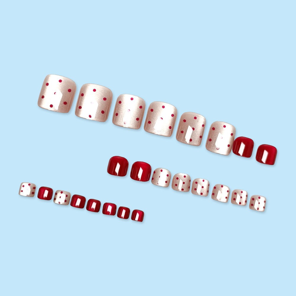 24-Piece Short Rectangular Cat-Eye Nail Stickers with Jelly Glue & Nail File - Red Dot Design