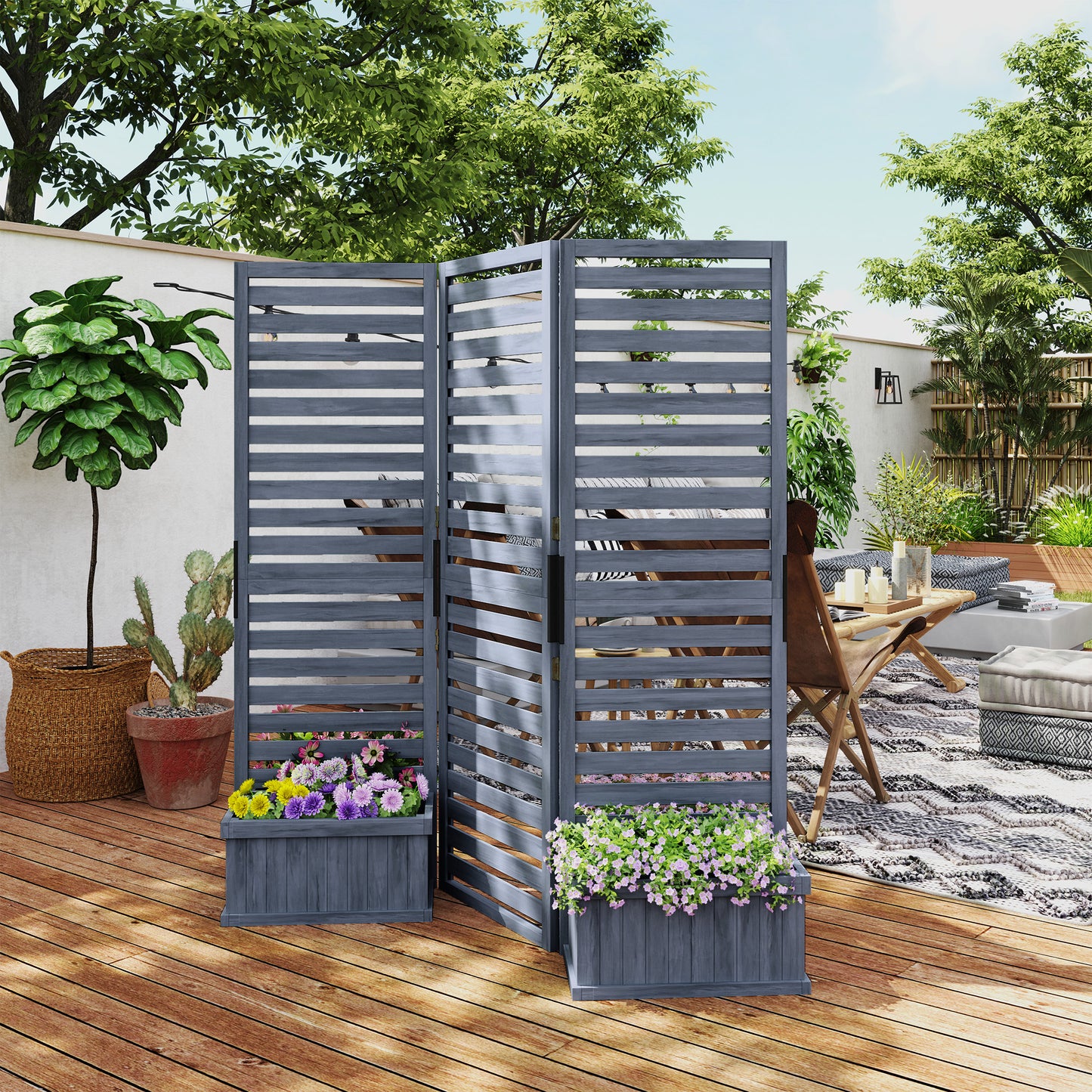 Wooden Privacy Screen with 4 Planter Boxes - Garden Fence Panel, Gray 910x285x600 mm