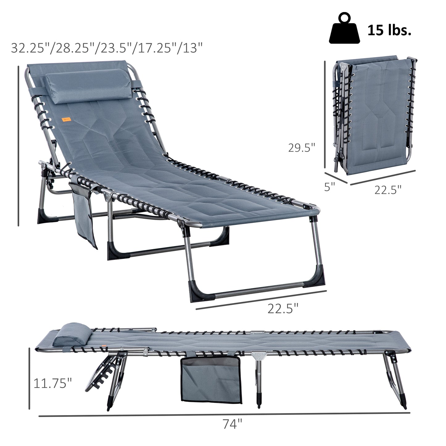 Padded Folding Chaise Lounge Chair - 6-Level Recline, Gray