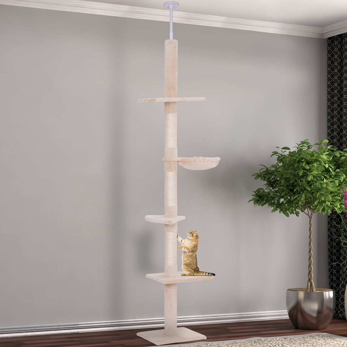Adjustable 102-Inch Cat Tree Tower with Multiple Platforms and Scratching Posts - Beige