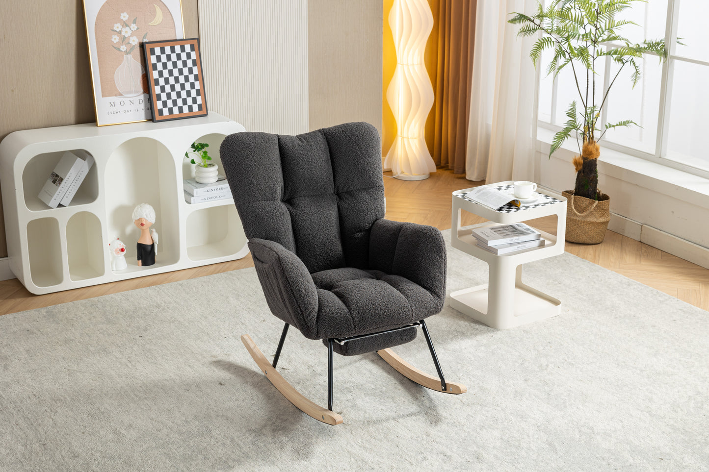 Modern Teddy Fabric Rocking Chair with Adjustable Footstool - Dark Gray