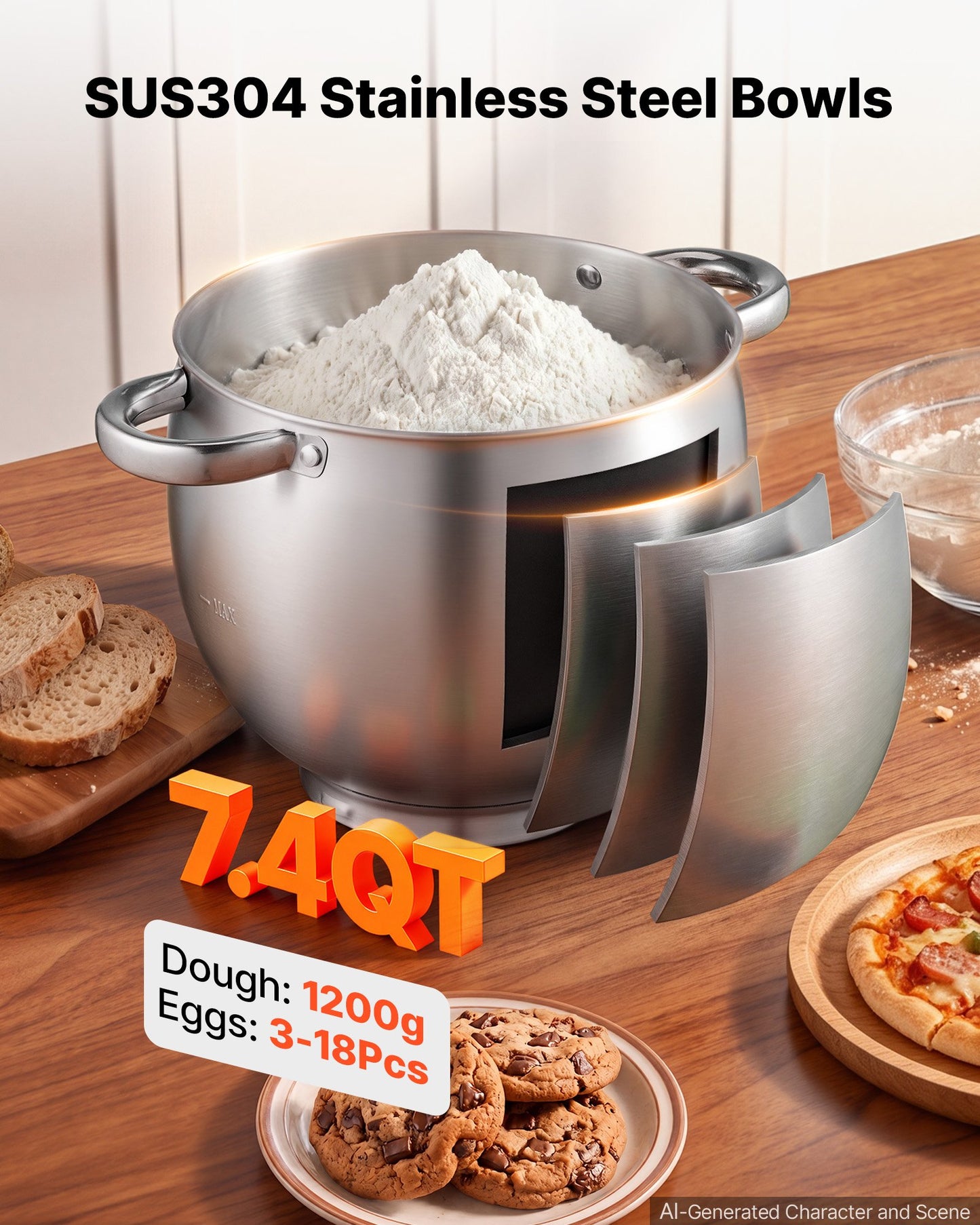 7.4 Qt Tilt Head Stand Mixer 500W with Stainless Steel Bowl and Accessories