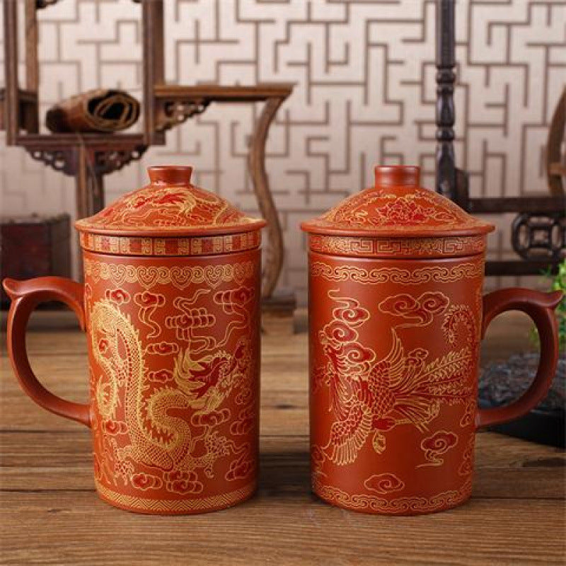 Ceramic Tea Cup Set with Cover and Filter - Handmade Chinese Style, 360ML