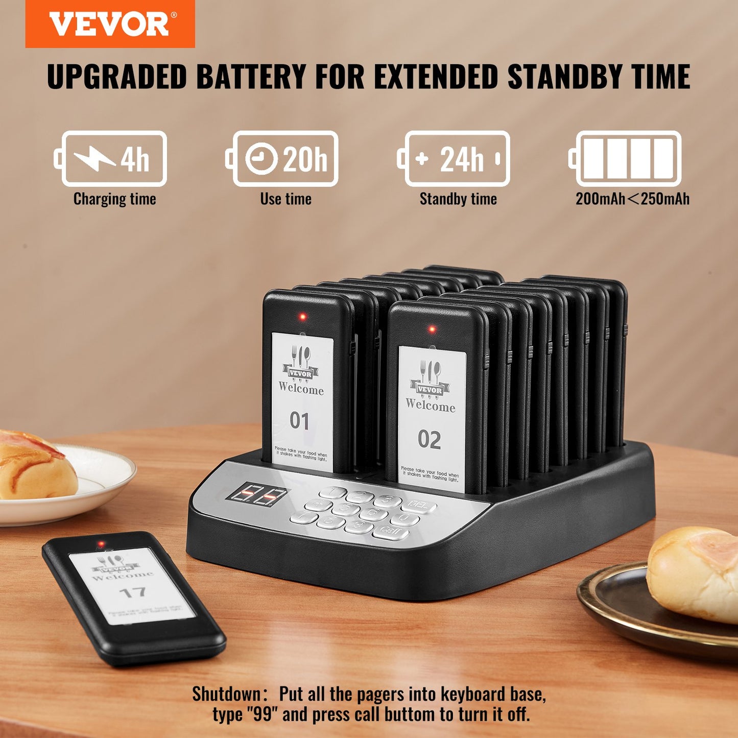 Wireless Restaurant Pager System with 16 Beepers & Vibration - Black