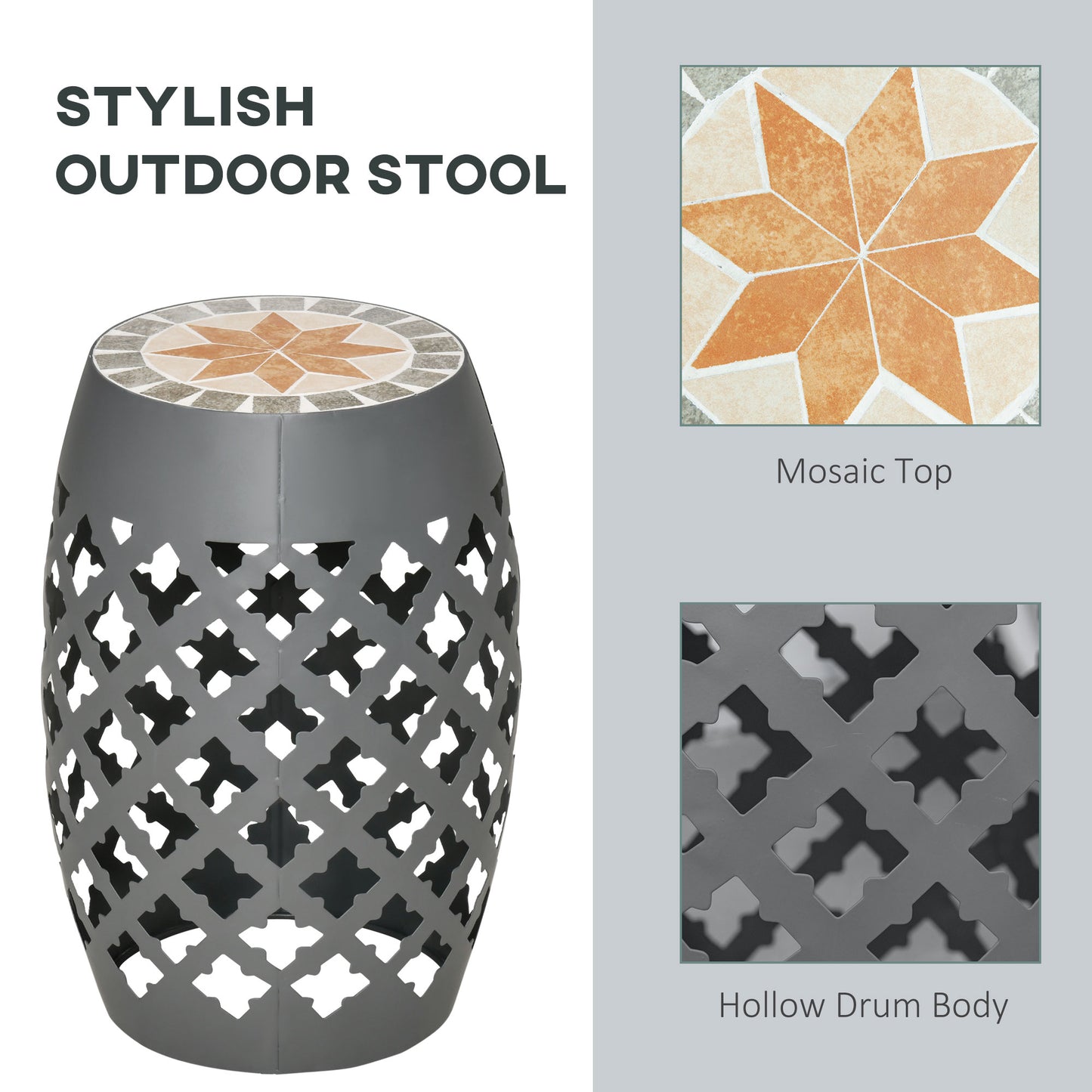 Round Mosaic Outdoor Stool - Gray Ceramic Accent Table