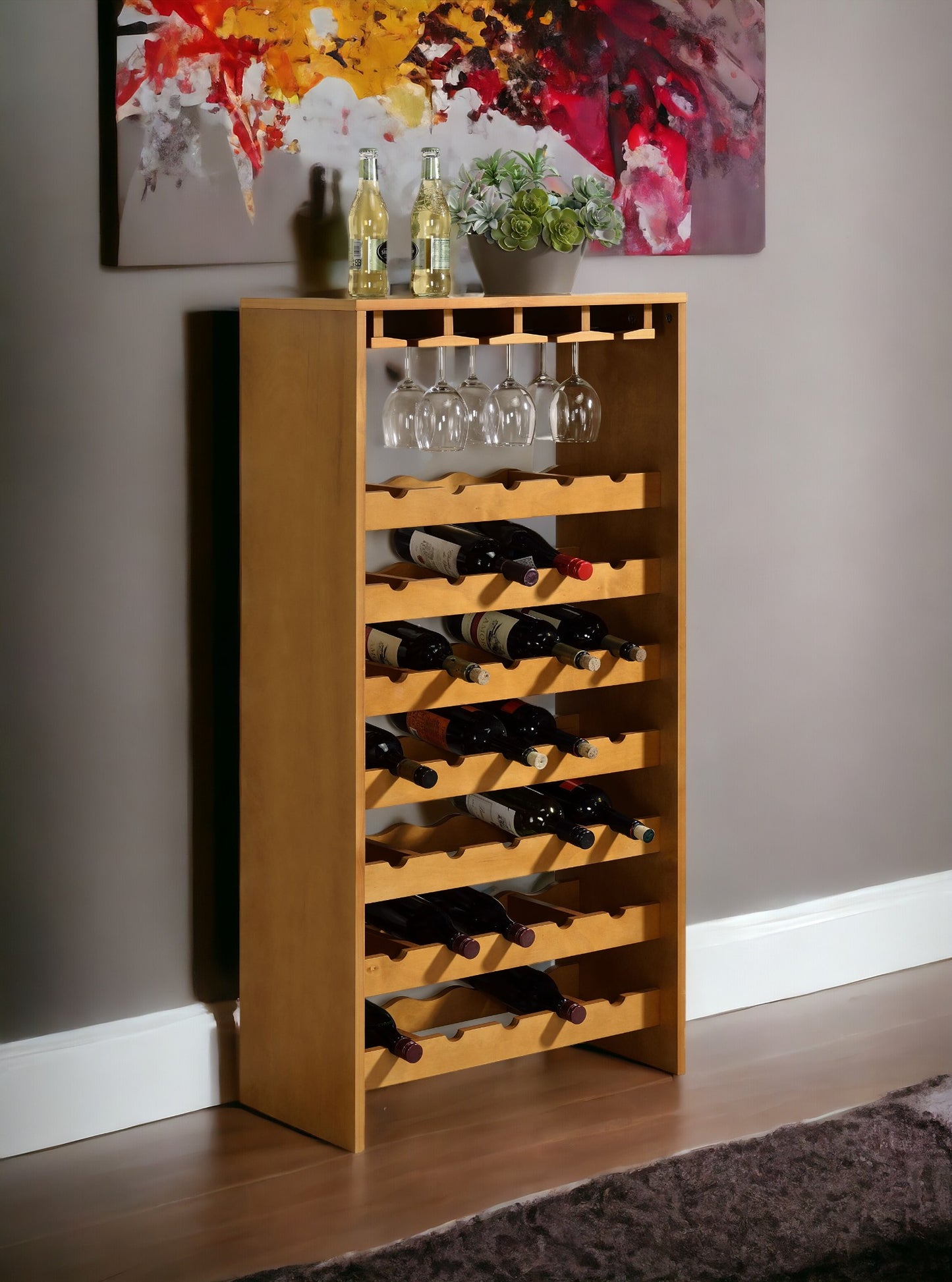 Hanzi Oak Finish Wine Rack - 35 Bottle Capacity with Cup Holders