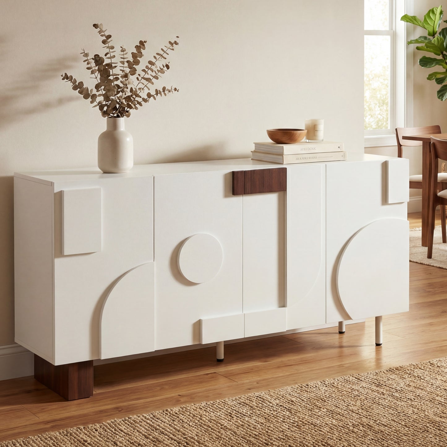 Modern White Sideboard Buffet Cabinet - 62.9" Wide with 4 Doors & Adjustable Shelves