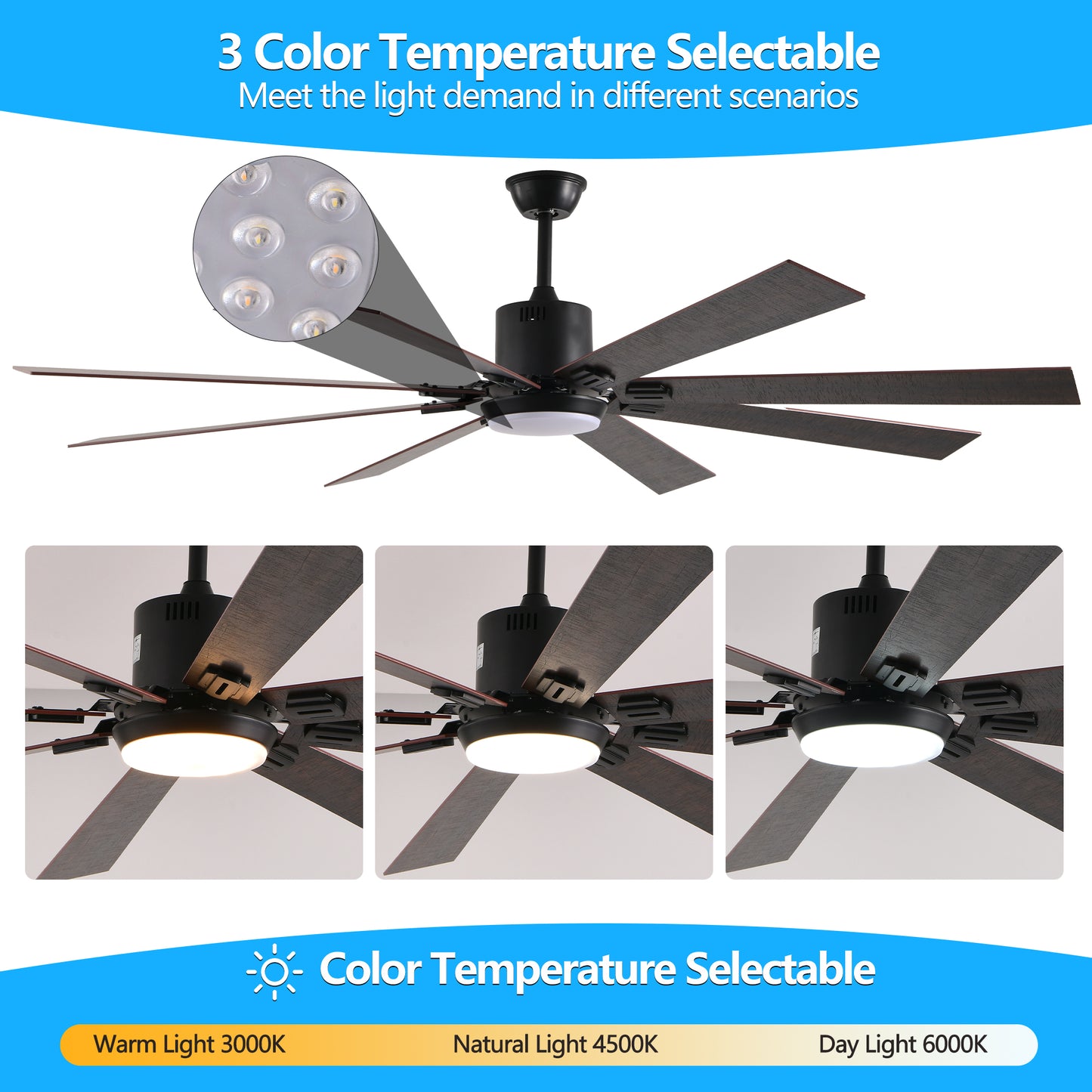 72-Inch Walnut LED Ceiling Fan with Remote Control & 8 Blades