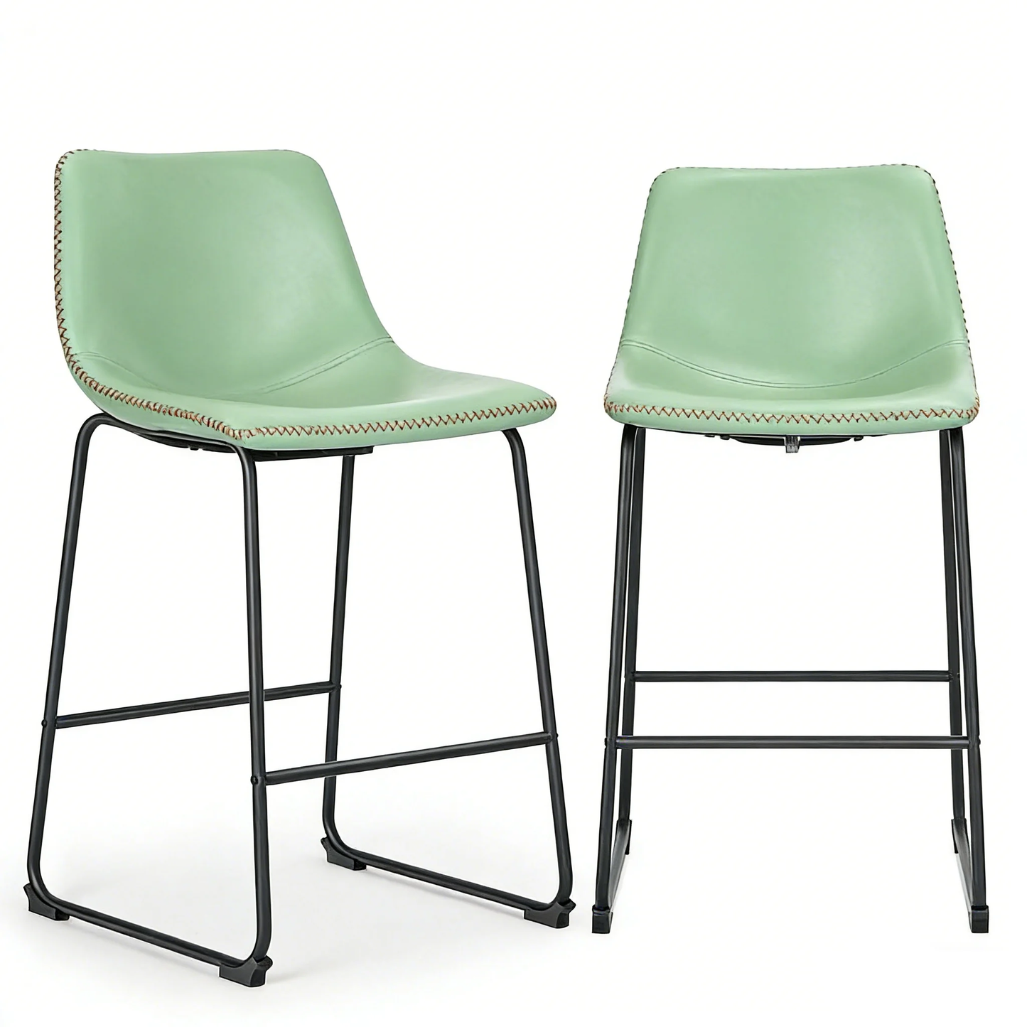 Green Industrial Faux Leather Bar Stools with Metal Legs