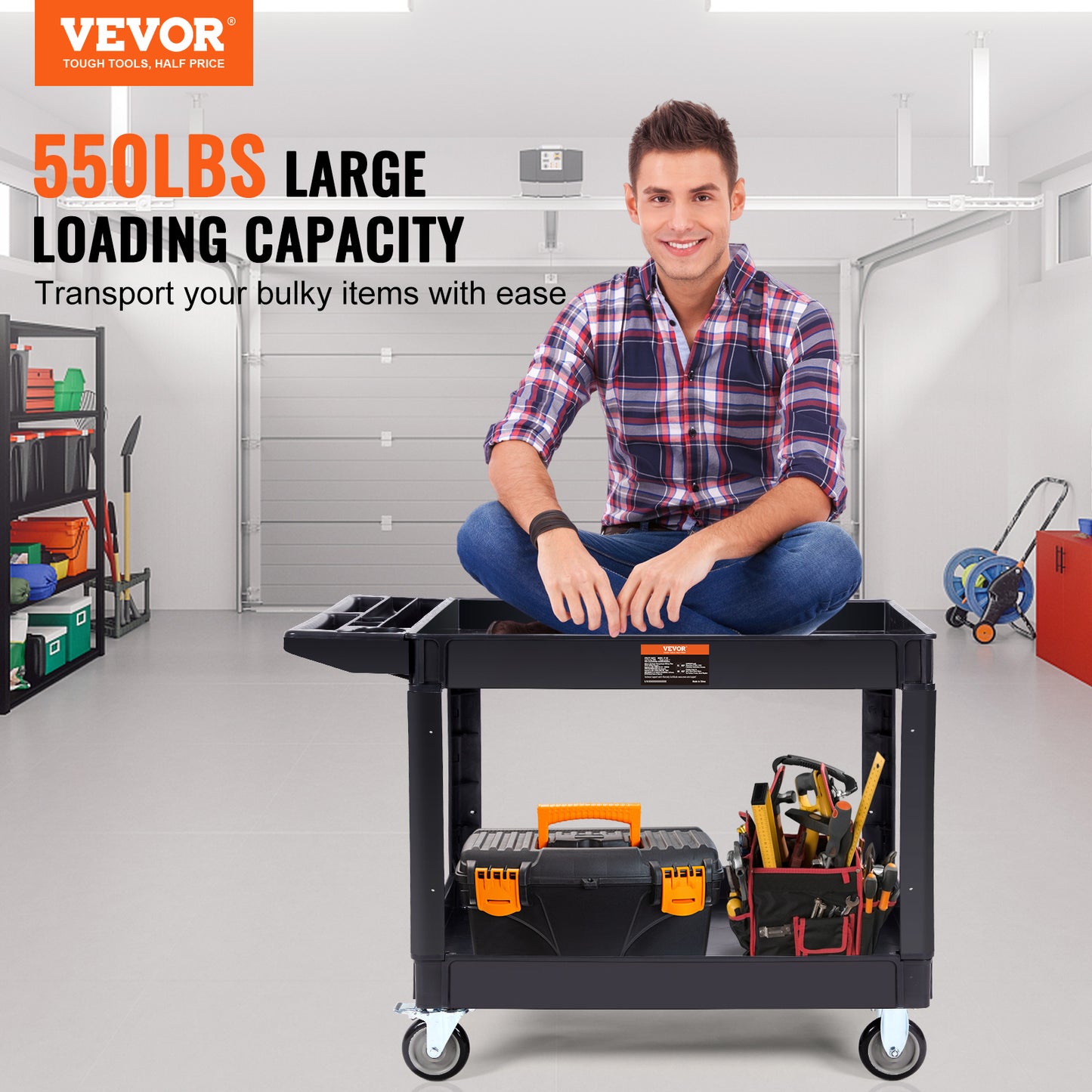 Heavy Duty Utility Service Cart with 2 Shelves and Swivel Wheels - 550LBS Capacity