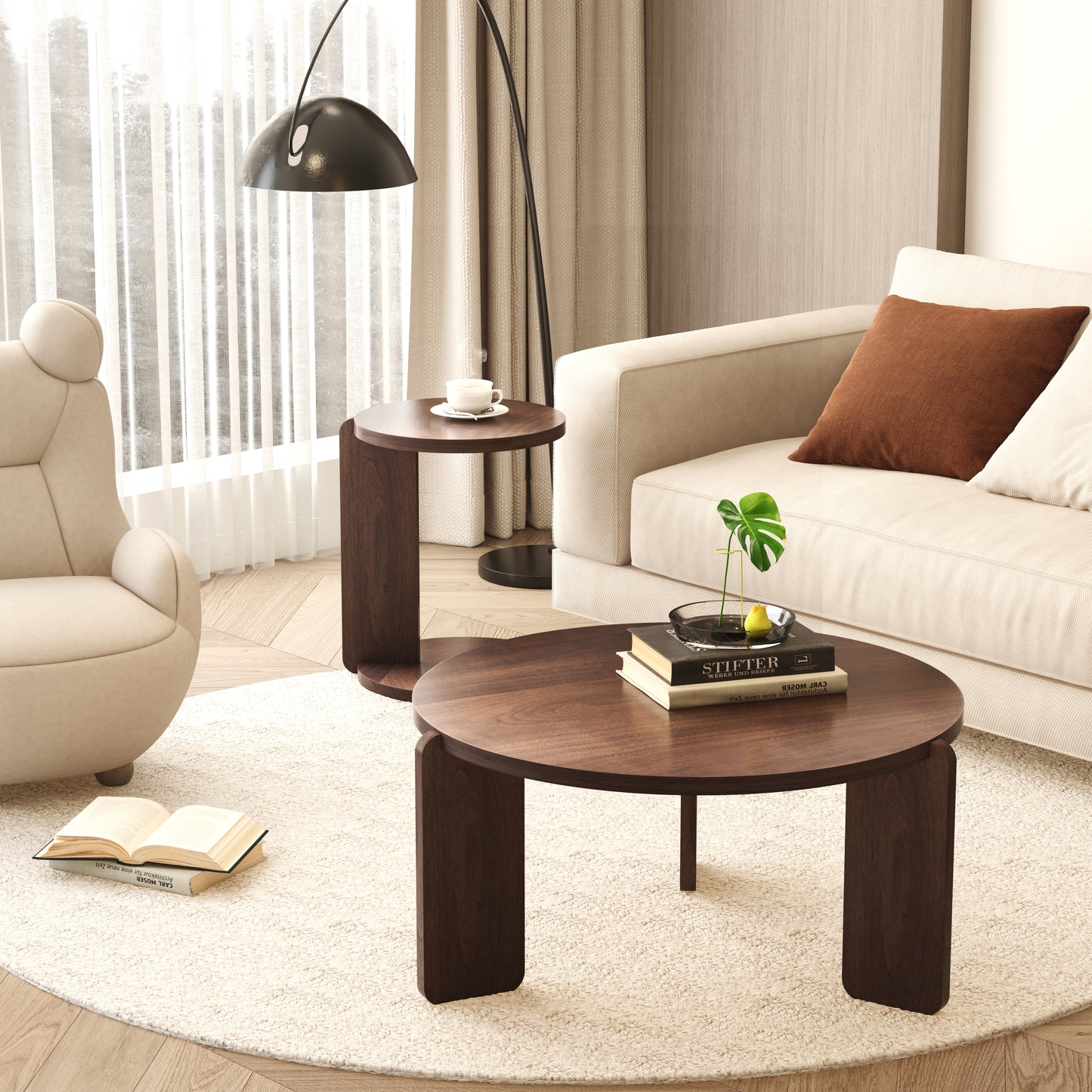32.68 Inch Nesting Round Wood Coffee Table With End Set Of 2, Walnut