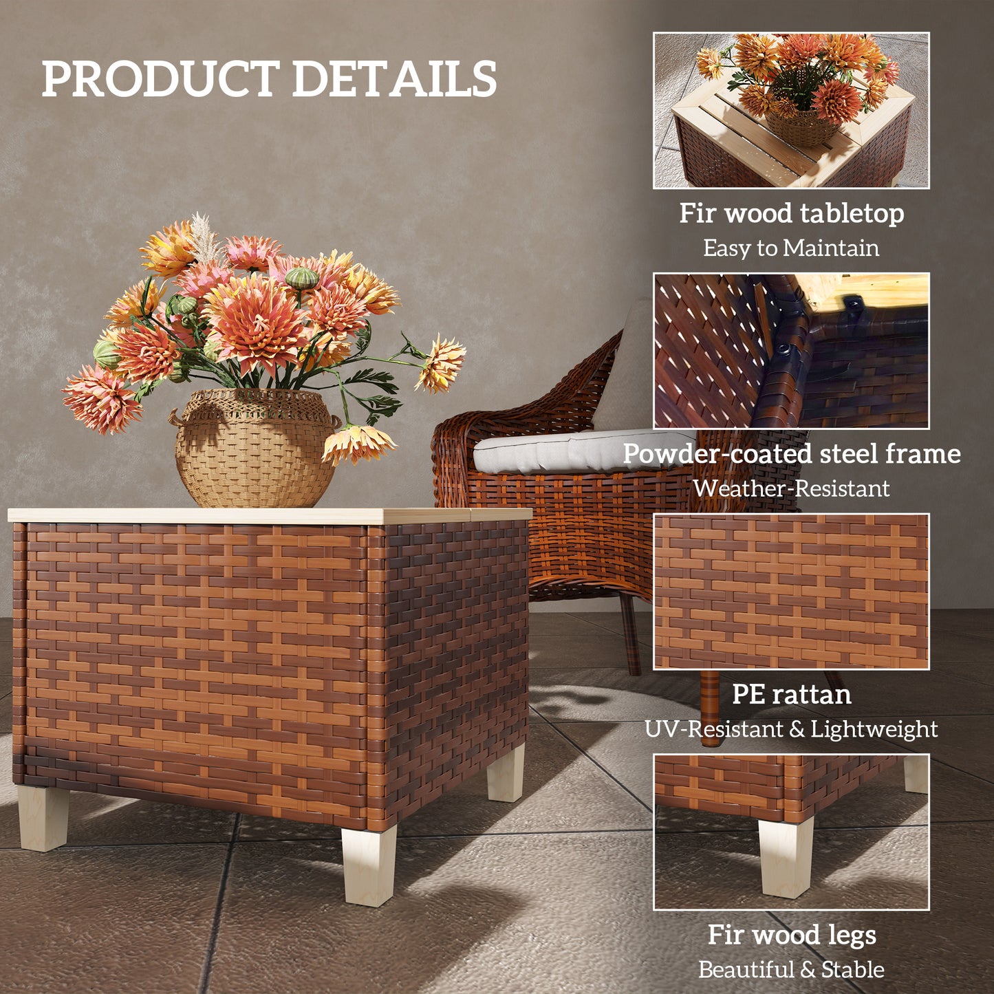 Outdoor Side Table with PE Rattan & Natural Fir Wood Top - Brown