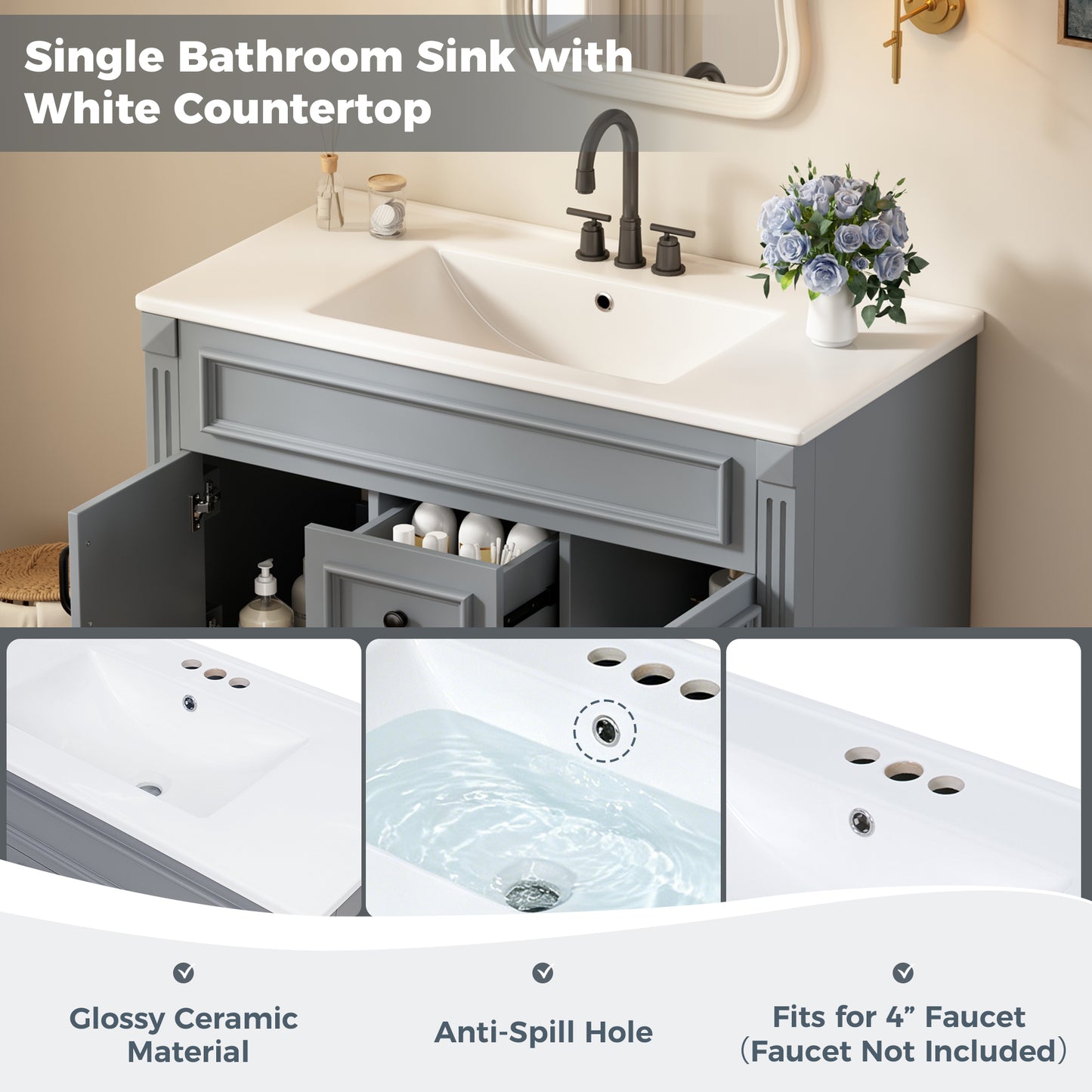 36-Inch Wall-Mounted Bathroom Vanity with Ceramic Sink - Gray