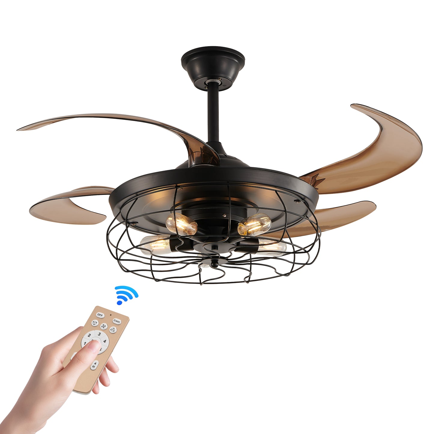 Black Remote Control Ceiling Fan - Industrial 4-Blade Design