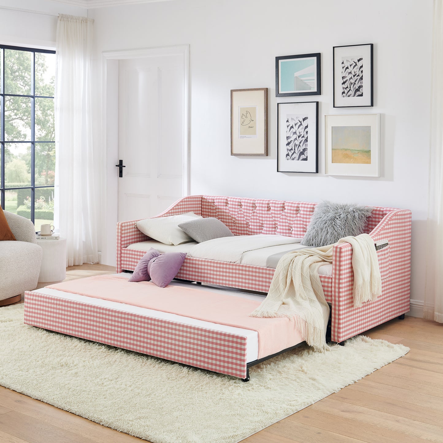 Twin Size Upholstered Daybed with Trundle & Storage - Pink