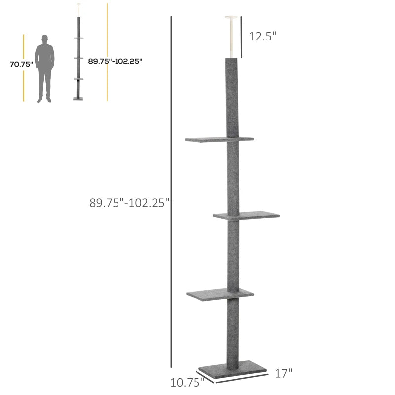 Adjustable Floor-to-Ceiling Cat Tree Tower with Sisal Posts - Grey, 8.5 Feet