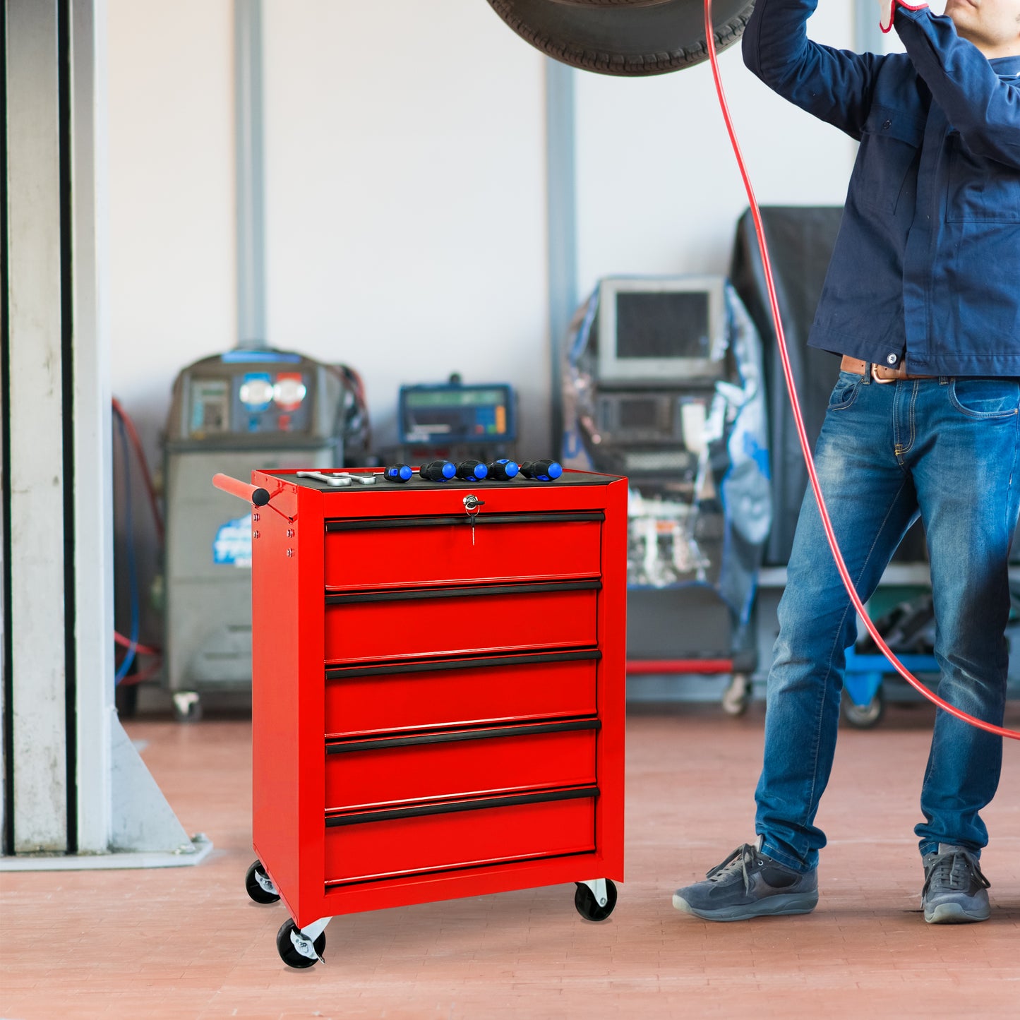 20-Inch Metal Rolling Tool Chest with 5 Drawers and Ball Bearing Slides - Red Steel Storage Cabinet