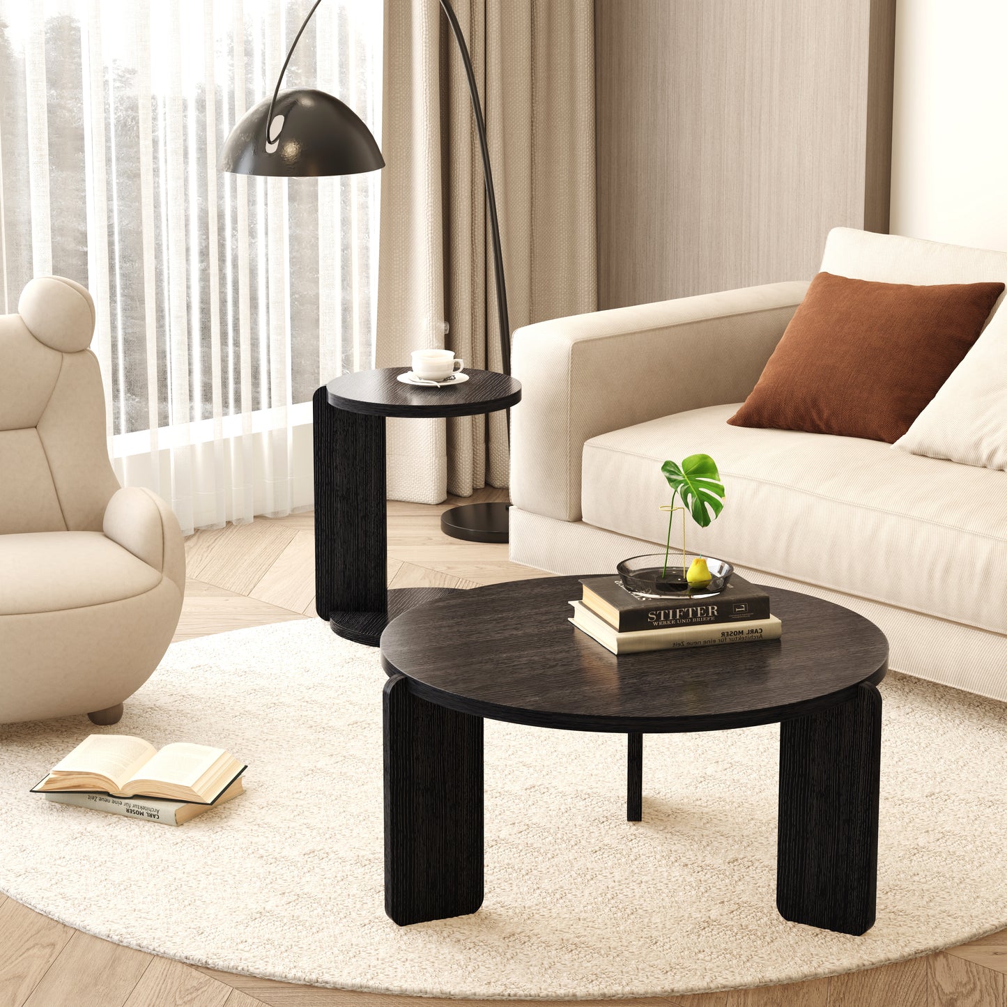 32.68 Inch 83 Cm Diameter Nesting Round Wood Coffee Table With End