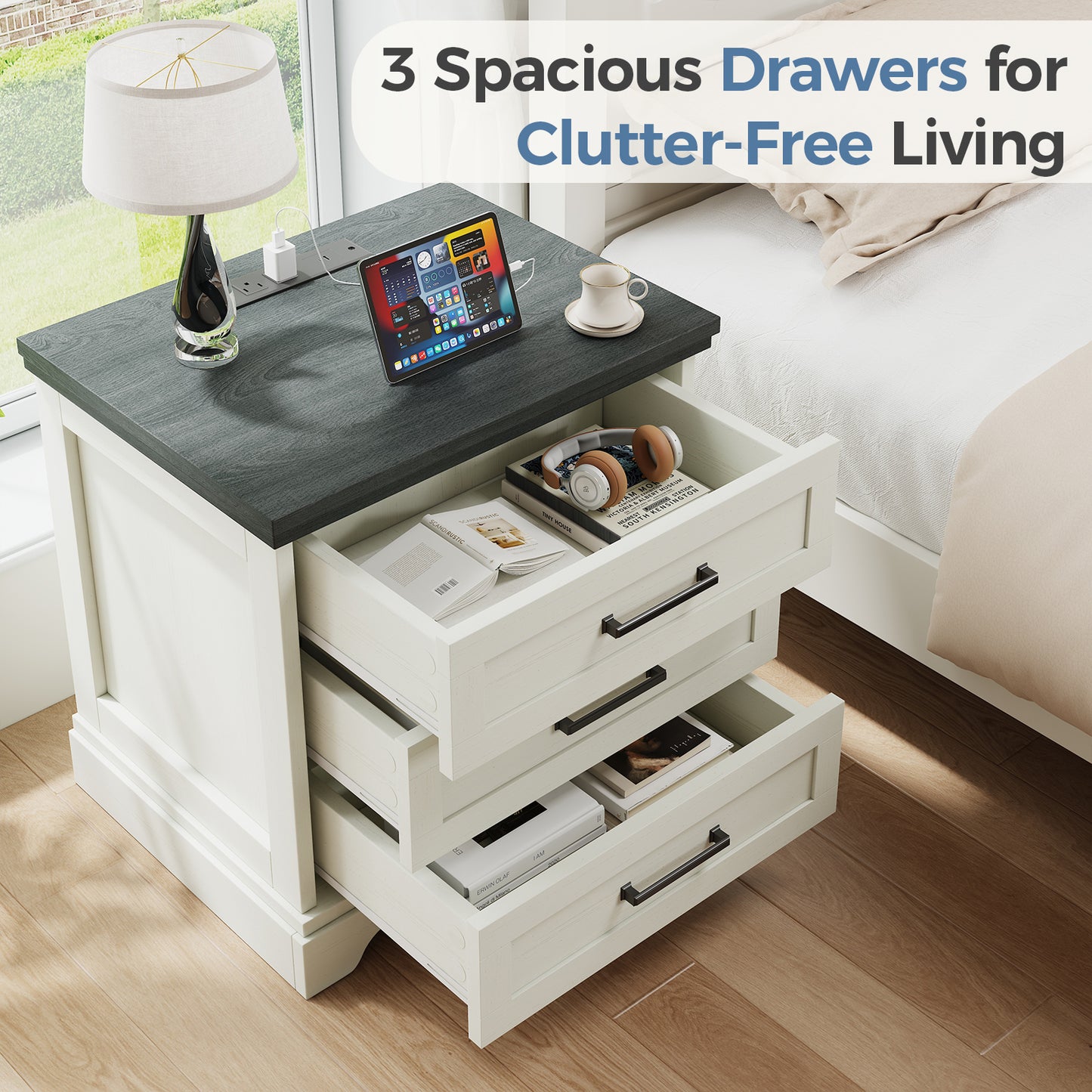 Country-Style Bedside Table with Charging Station & Drawer - White
