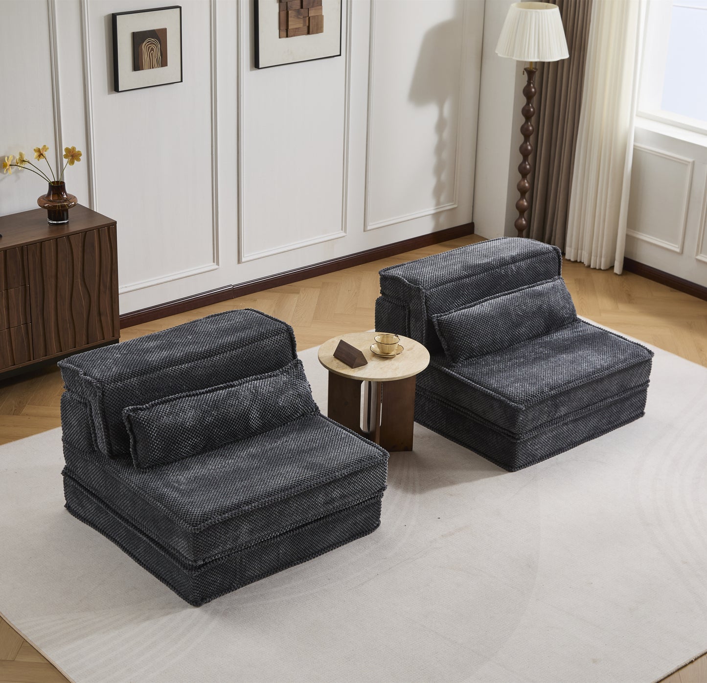 Convertible Floor Sofa Bed - Oversized 2 Seater with Pillows - Dark Grey
