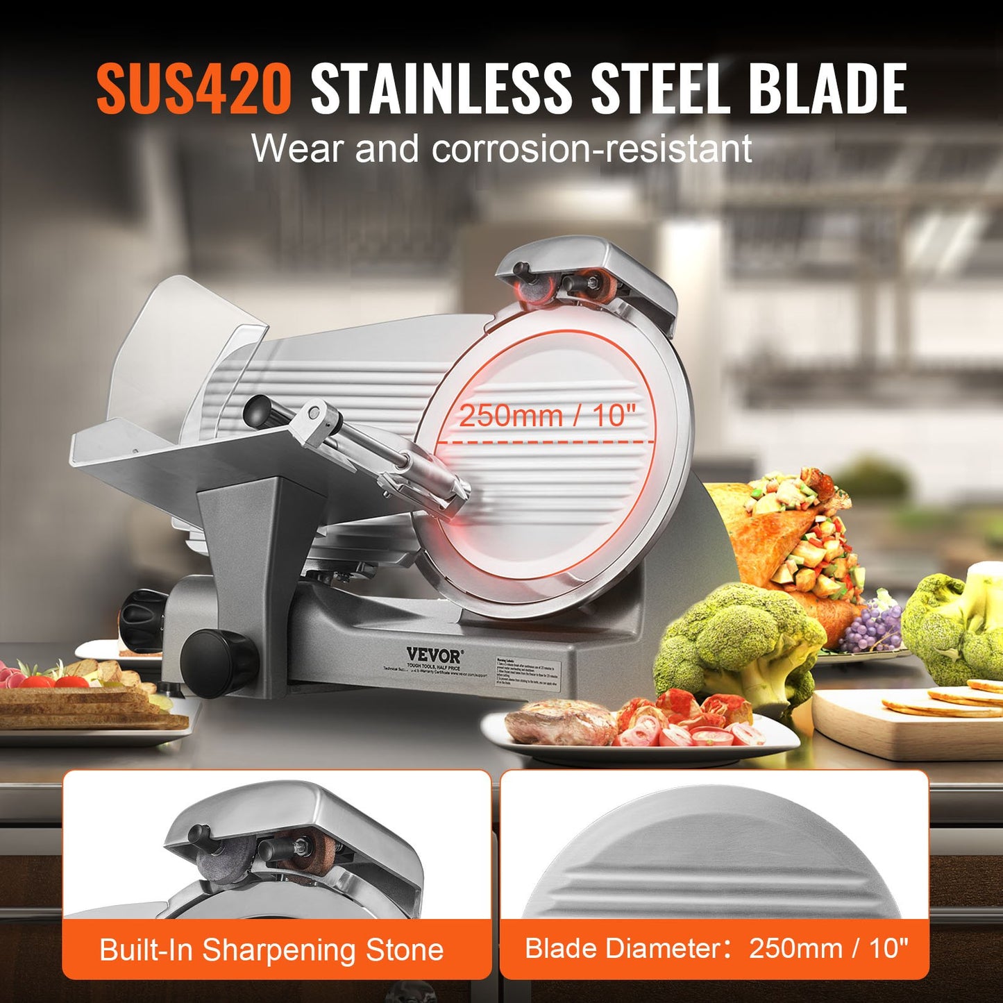 Electric Meat Slicer 340W with 10-Inch Stainless Steel Blade Adjustable Thickness