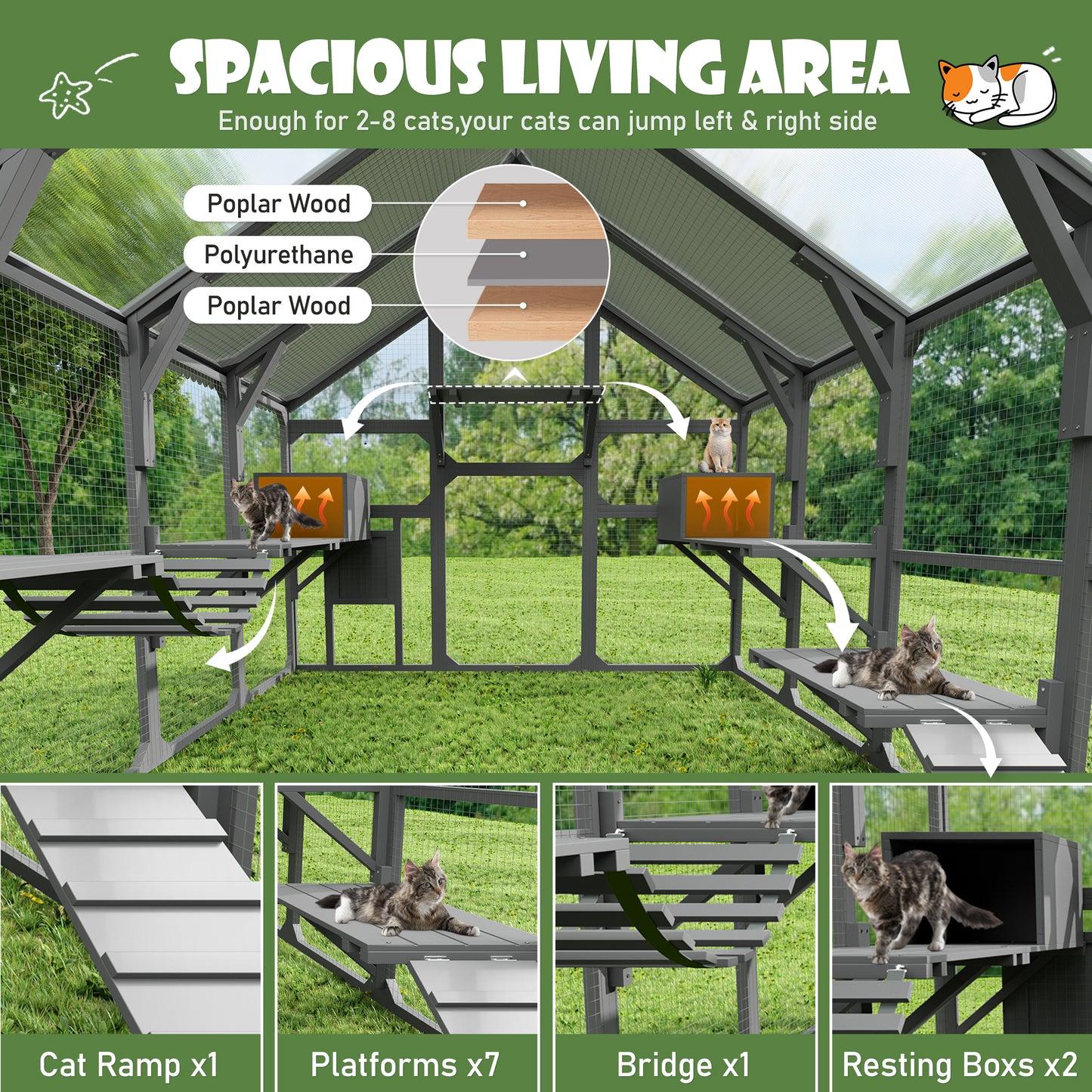 Large Outdoor Cat Enclosure for Multiple Kittens - Gray
