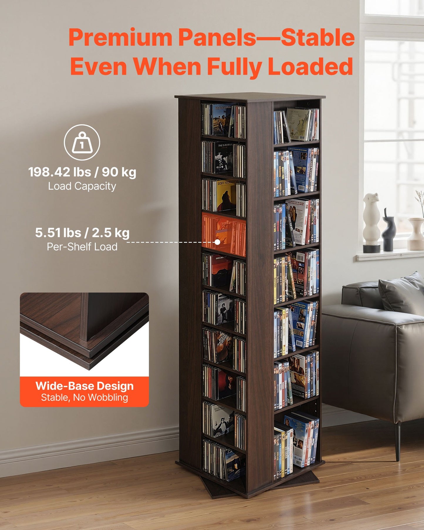 Rotating Media Storage Cabinet for CDs, DVDs, Books & Games - 34 Compartments, Adjustable Shelves, Black