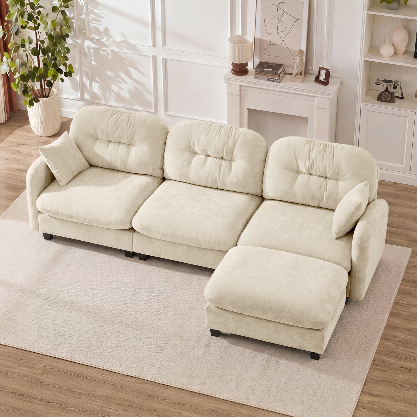 Modular L Shaped Sectional Couch with Ottoman - Beige Chenille