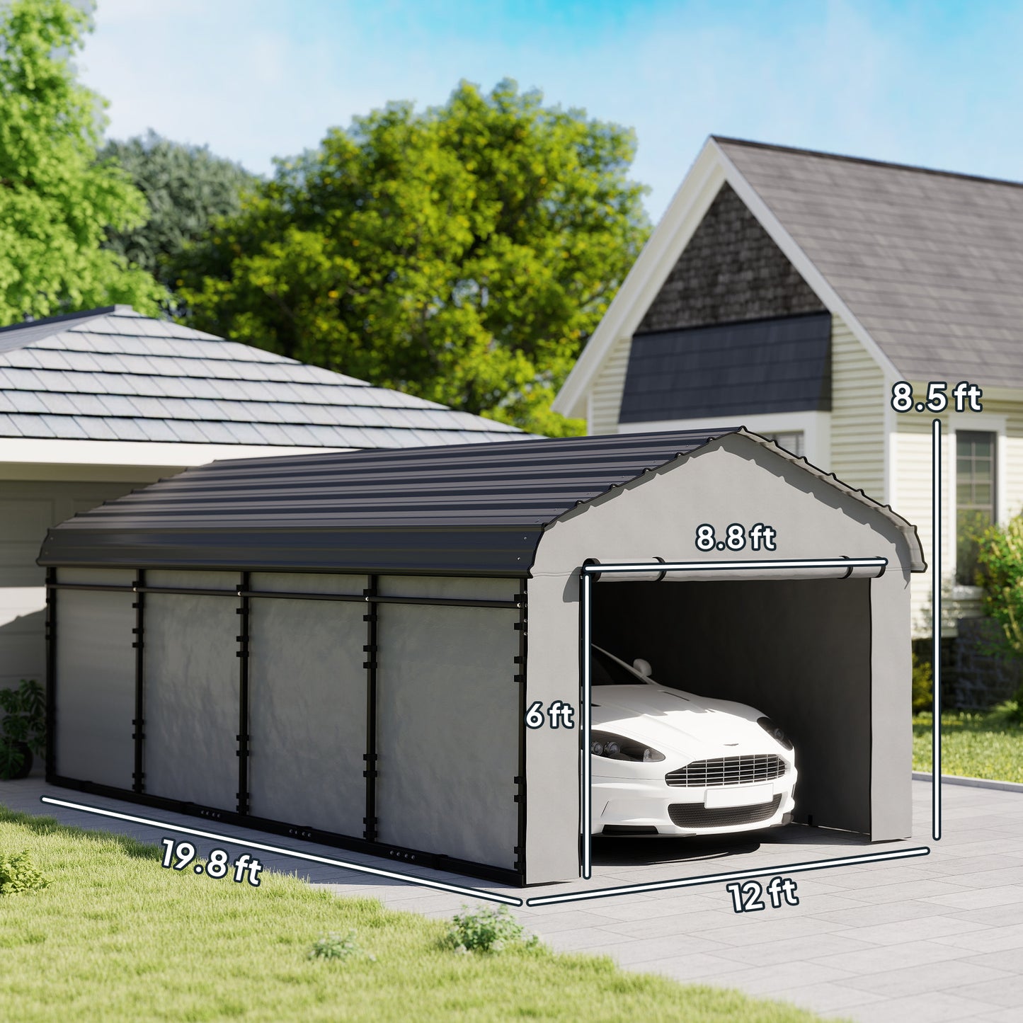 Heavy Duty Metal Carport with Galvanized Roof and Sidewalls - Dark Gray