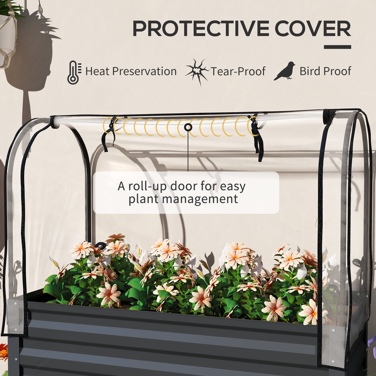 Raised Garden Bed with Cover and Legs - Metal Elevated Planter with Shelf - Dark Gray 1180x370x95mm
