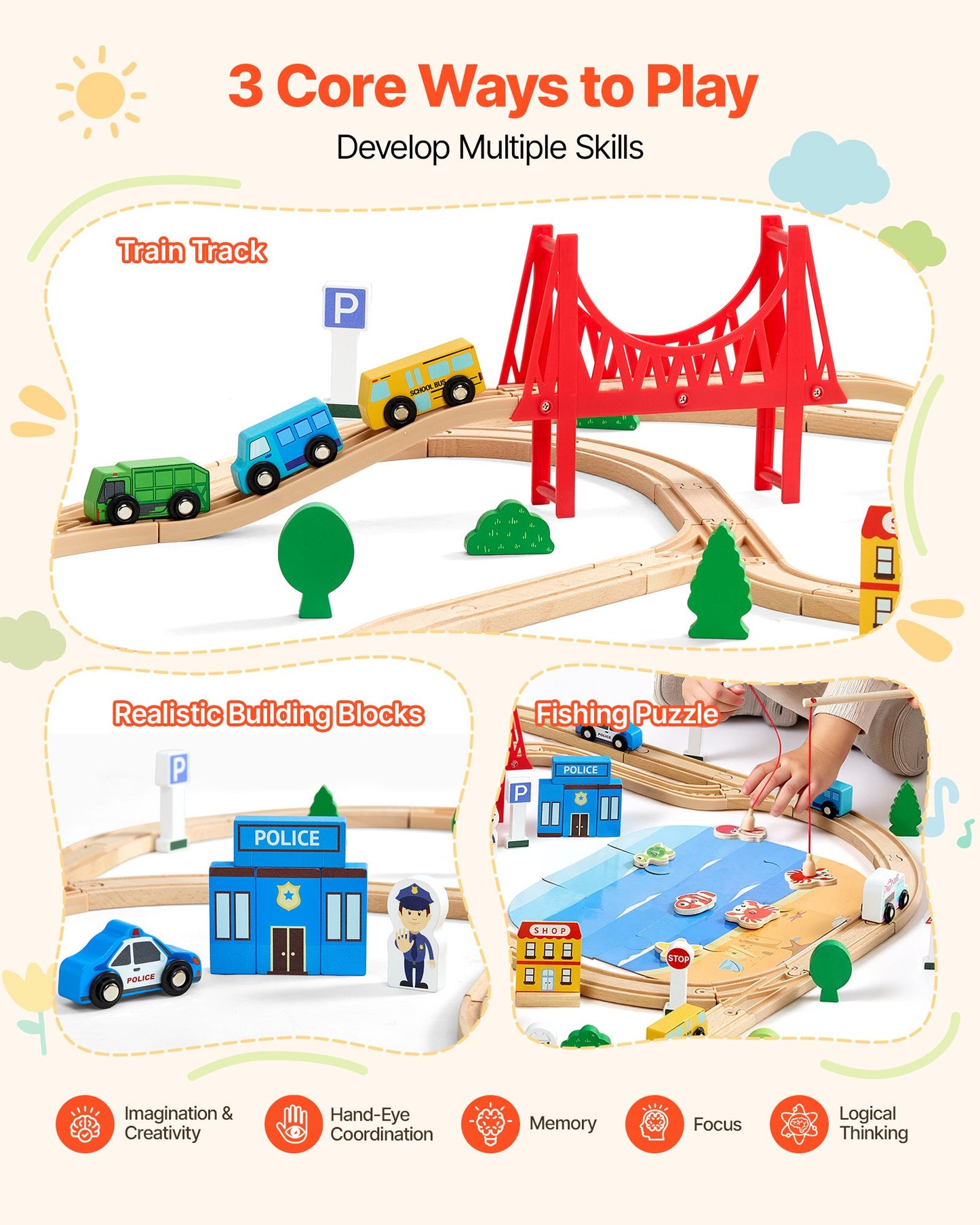 113-Piece Wooden Train Set with Storage Box - Toddler & Kids Play Railway