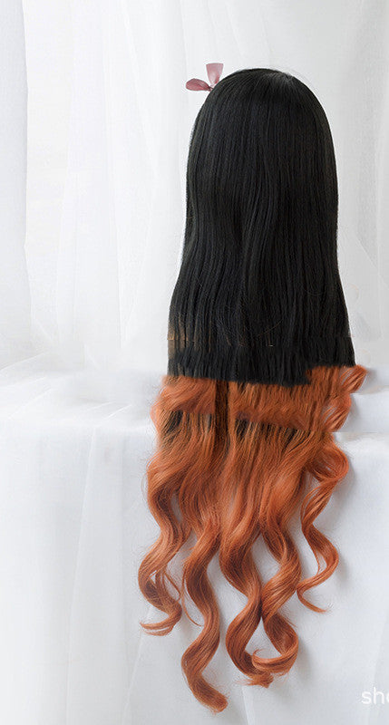 Long Curly Synthetic Wig with Black Gradient Brownish Yellow Hair